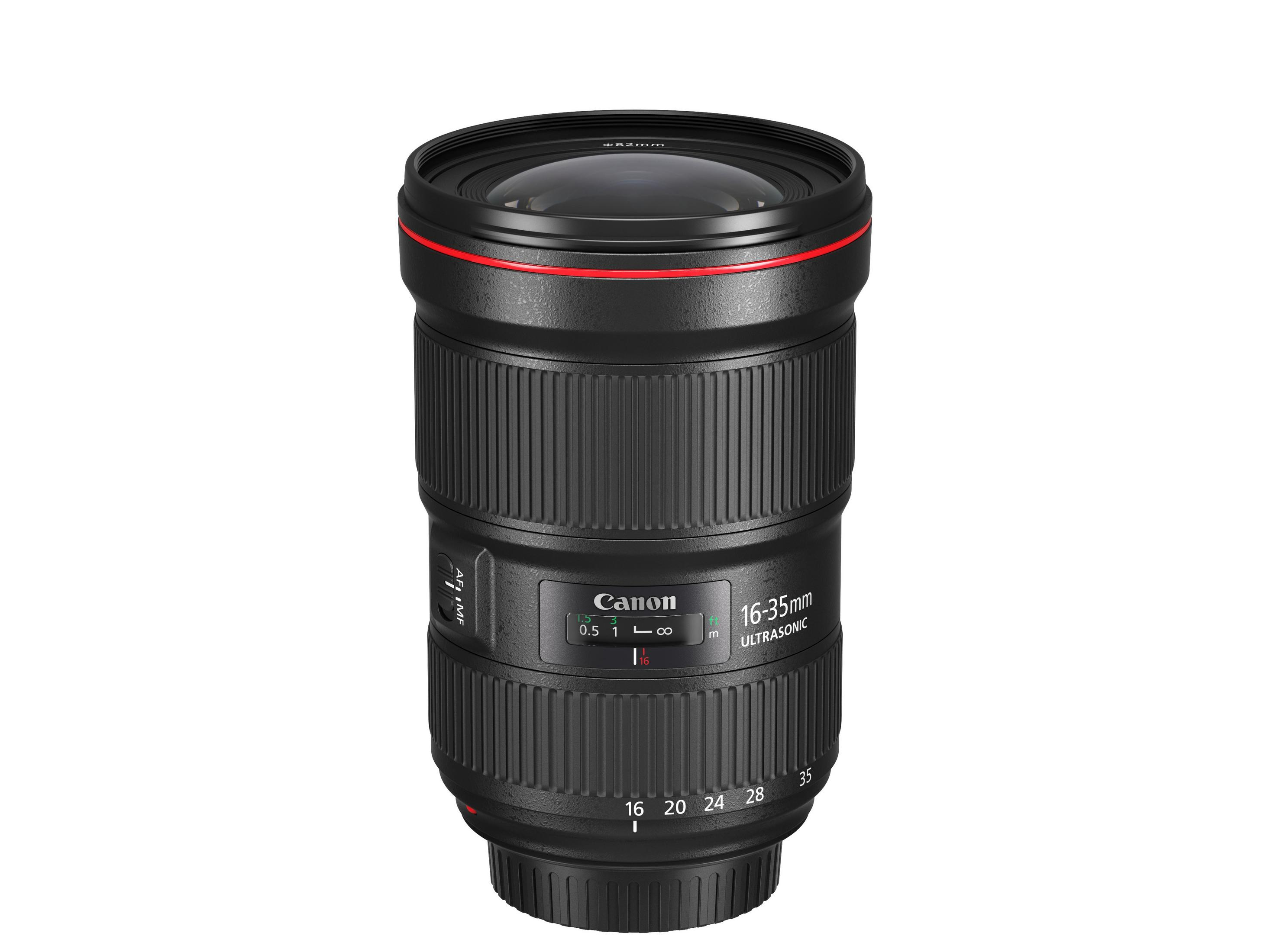 Canon Kameraobjektiv. Schwarzer Körper, roter Ring und Linsendetails. Isoliert.