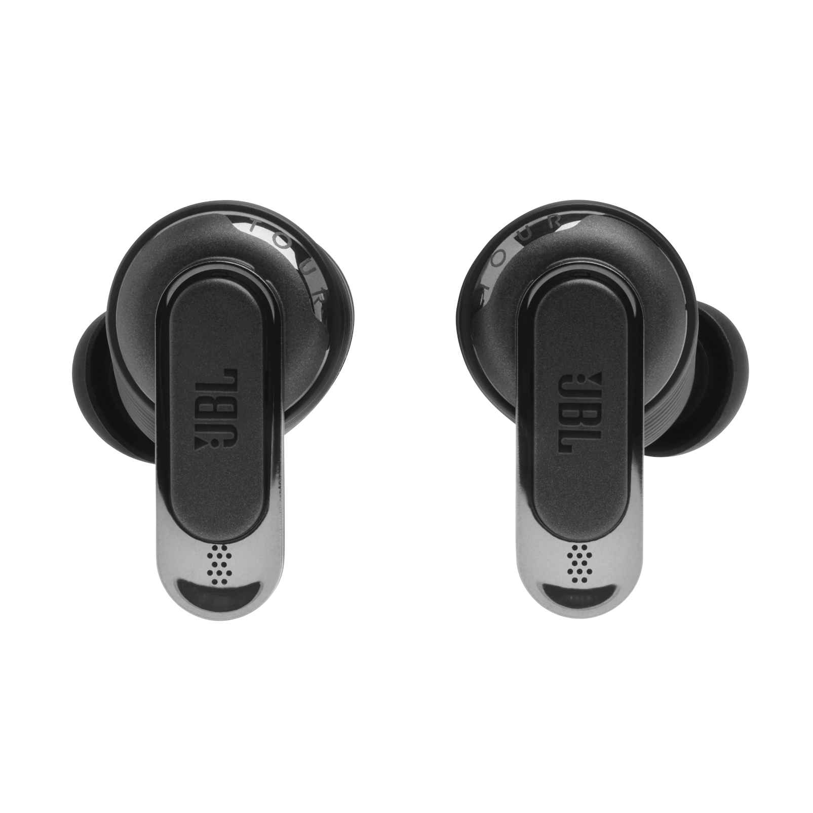 Zwei schwarze JBL-Ohrhörer. Sie haben einen metallisch-silbernen Akzent. Sie sind auf schwarzem Hintergrund.