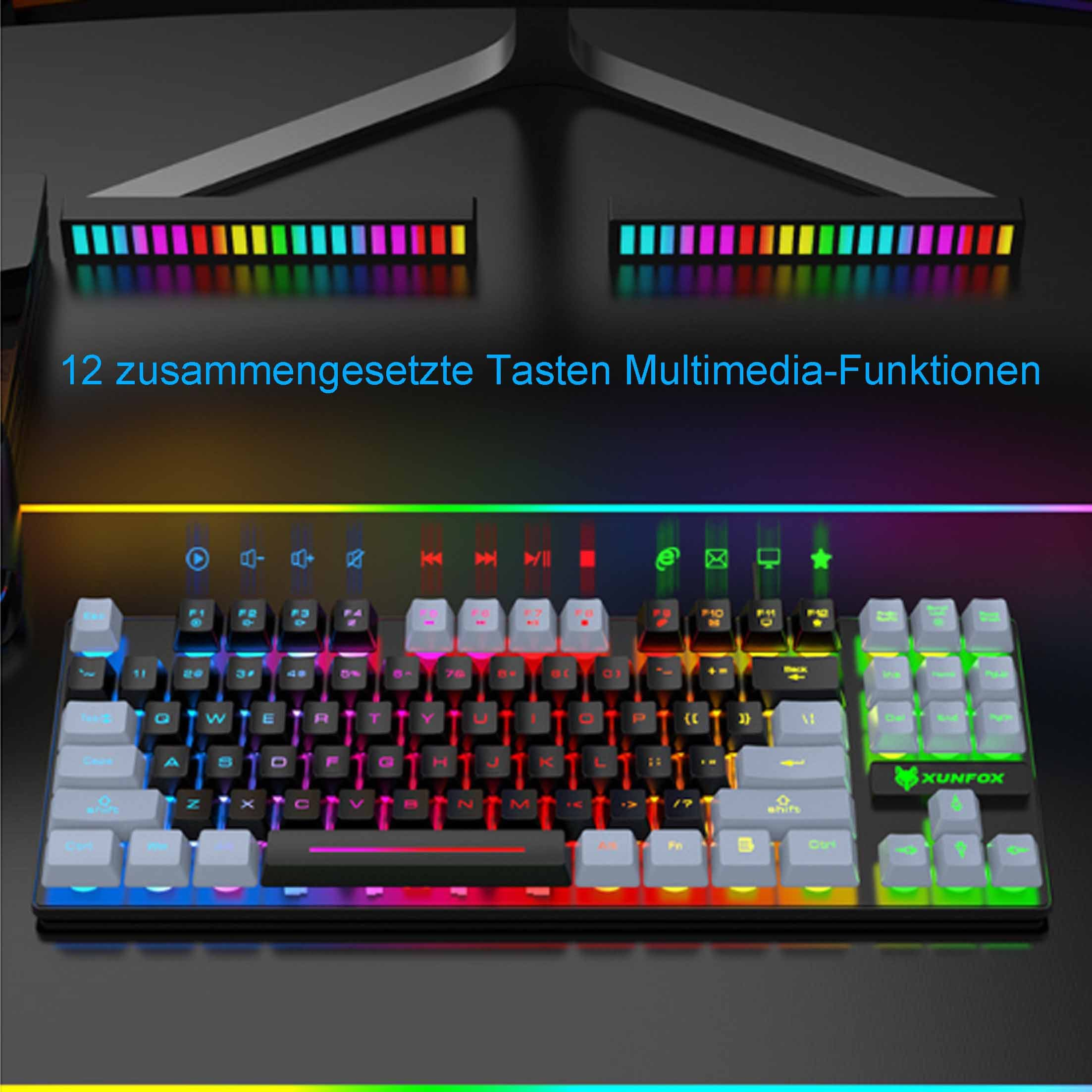 Klawiatura z wielokolorowymi podświetlanymi klawiszami, z tekstem w języku niemieckim.