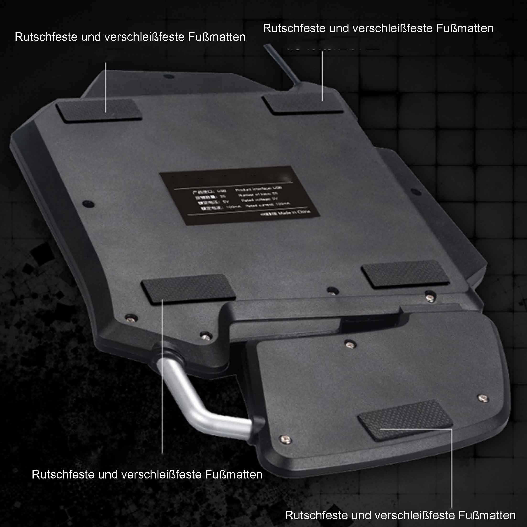 Spód czarnej klawiatury dla graczy z czarnymi gumowymi podkładkami.