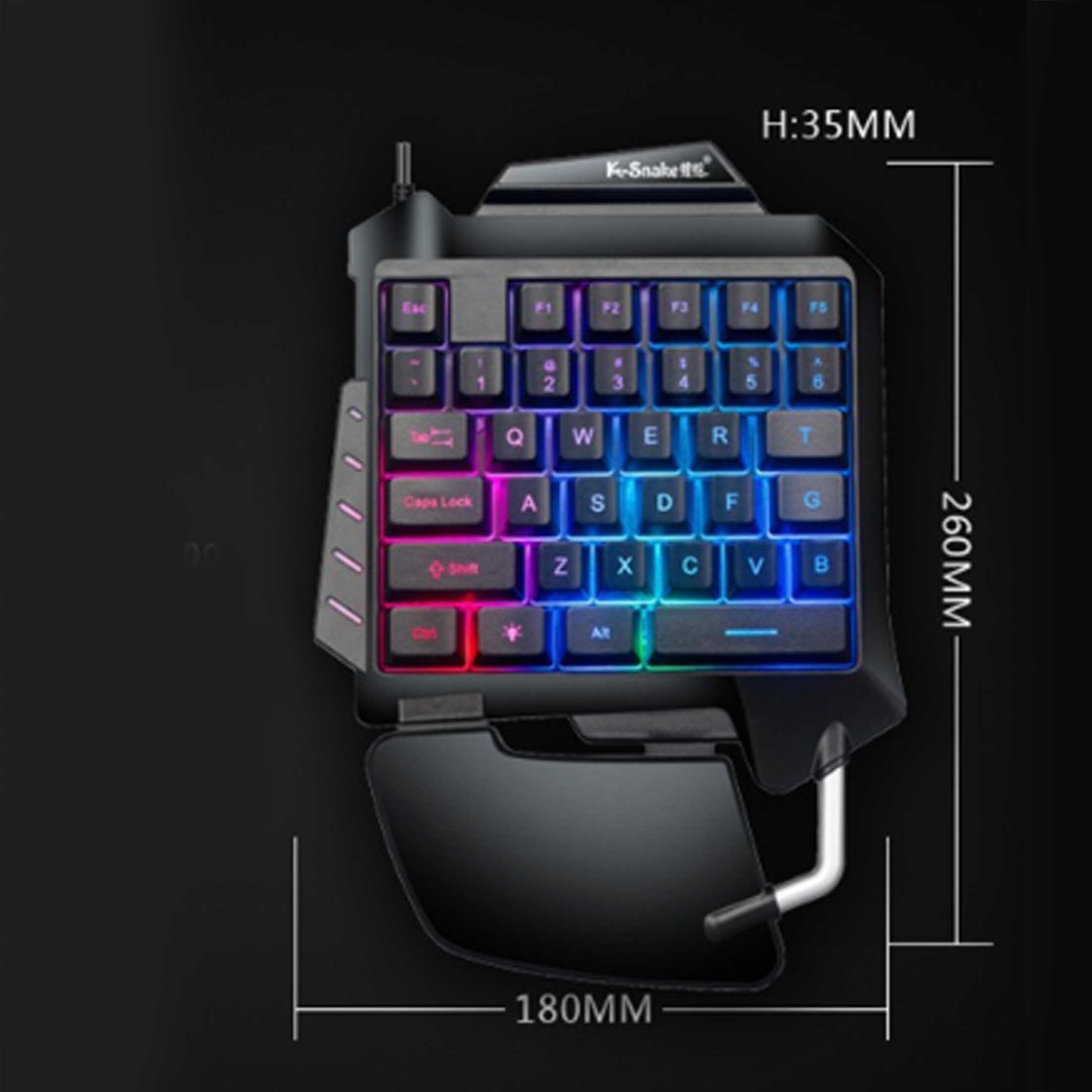 Czarna klawiatura do gier z kolorowymi klawiszami, wymiary wyświetlane z etykietami.