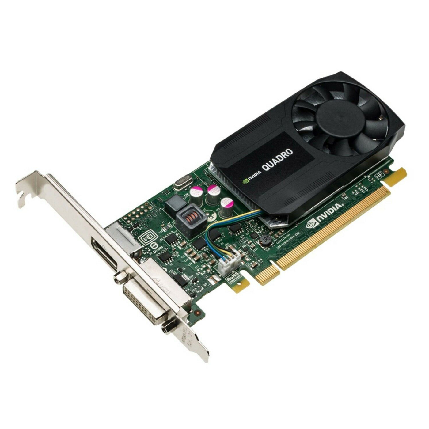Tarjeta gráfica Nvidia Quadro con ventilador, sobre fondo blanco.