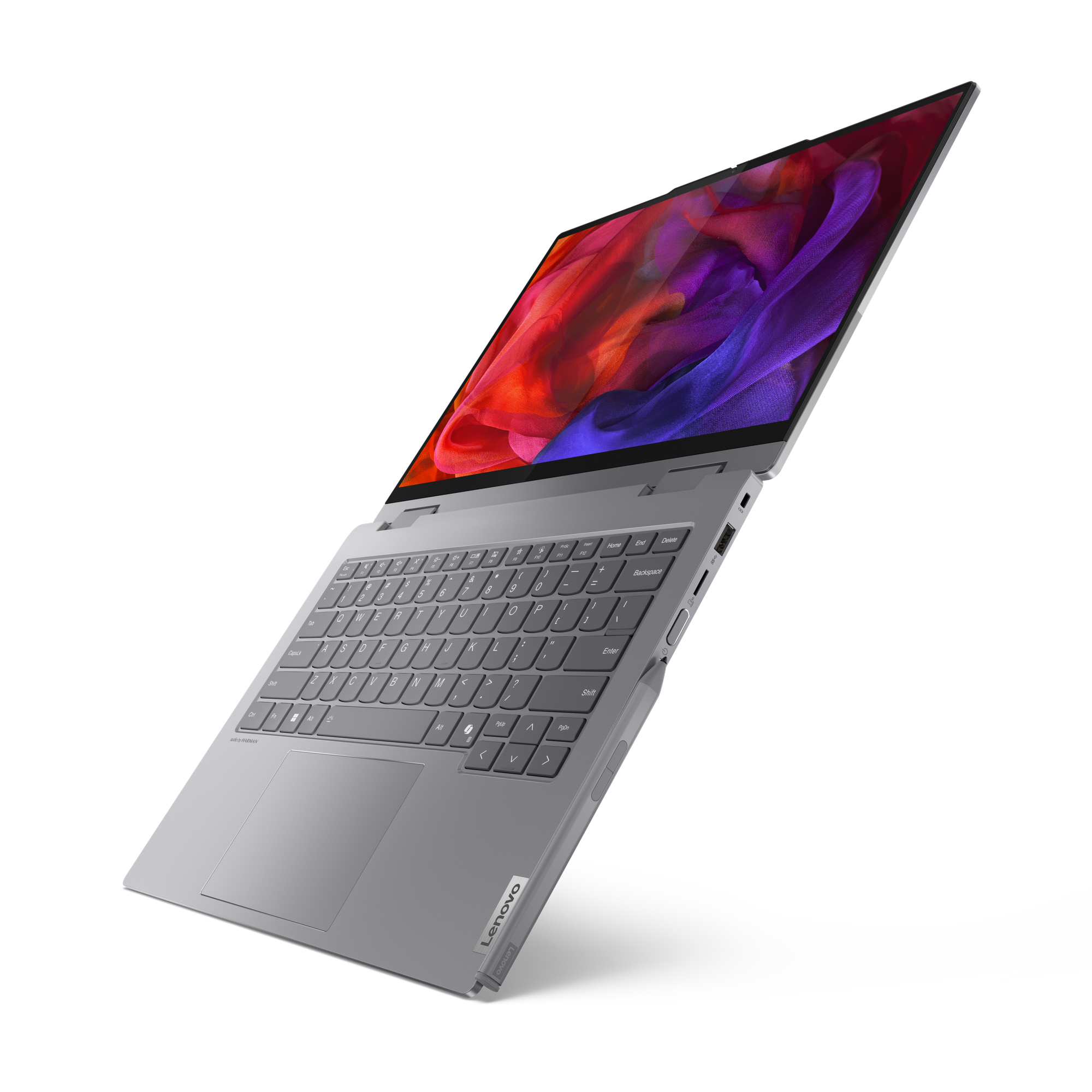 Ein grauer Laptop in einem Winkel, mit einem Bildschirm, der farbenfrohe Grafiken anzeigt. Das Lenovo-Logo ist vorhanden.