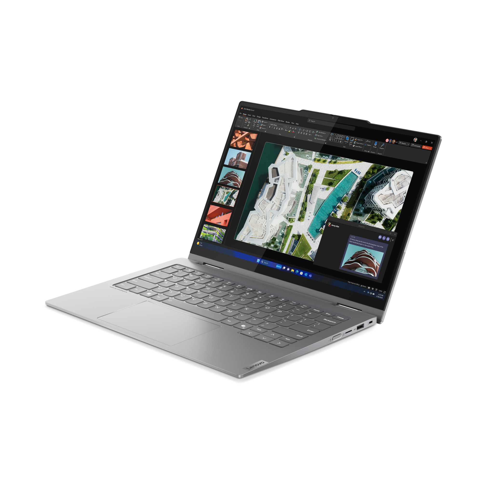 Ein grauer Laptop geöffnet, mit einem Bildschirm mit Bildern, auf weißem Hintergrund.