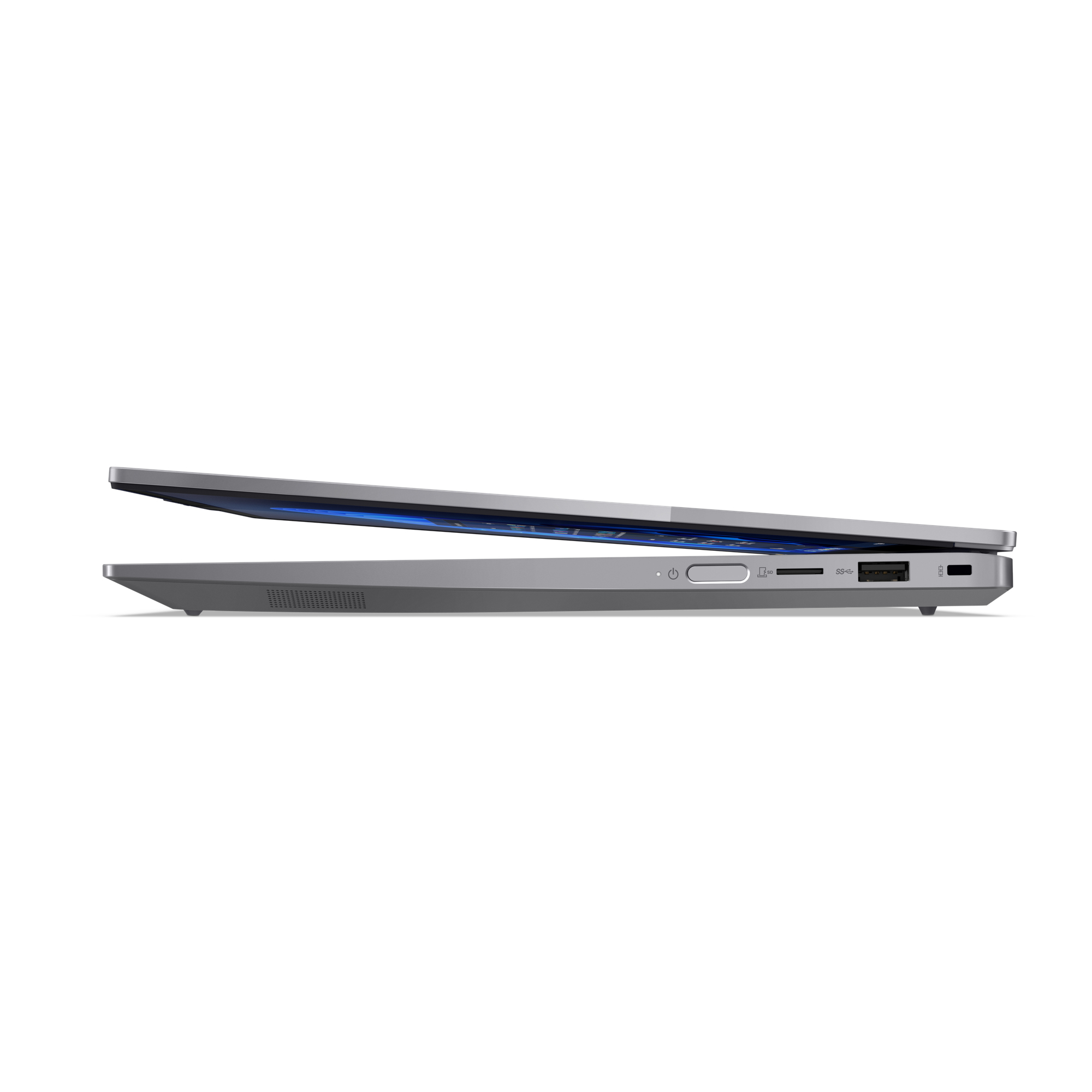 Laptop-Seitenansicht, geöffnet mit Bildschirm, zeigt Anschlüsse und Details.