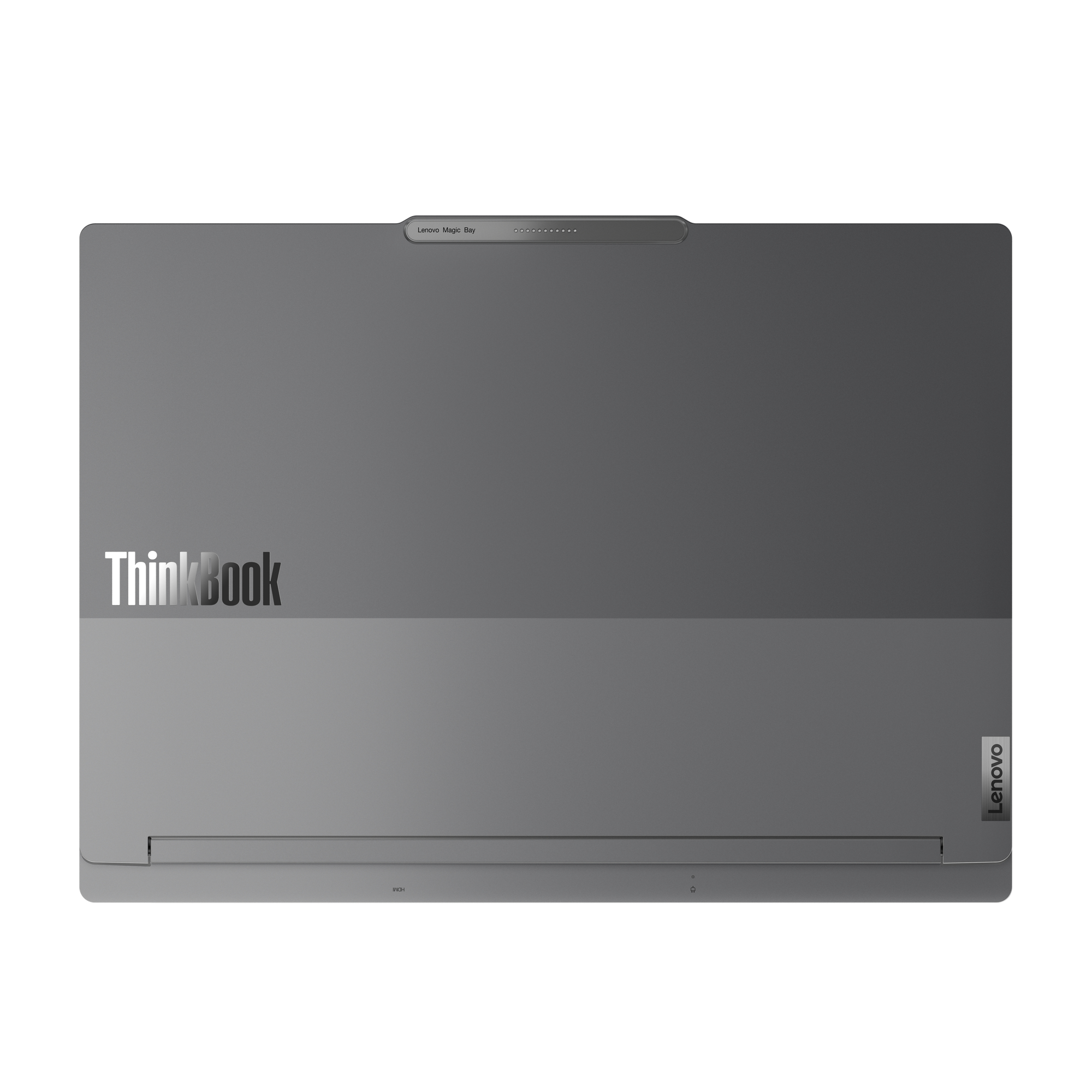Un laptop grigio con il logo Thinkbook sulla superficie superiore viene visualizzato.