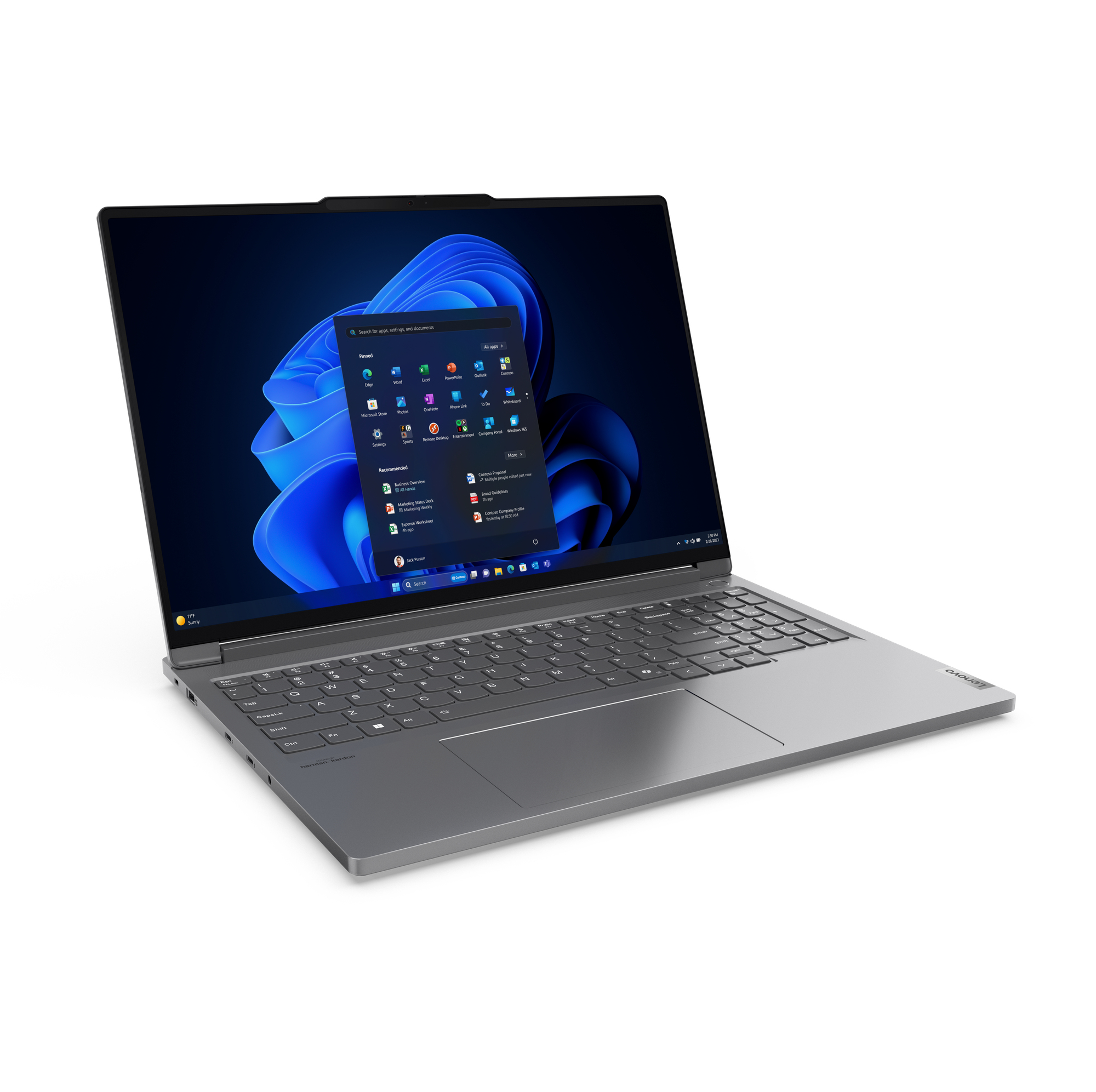 Laptop argentato con schermo nero che mostra un'interfaccia Windows. Su sfondo bianco.