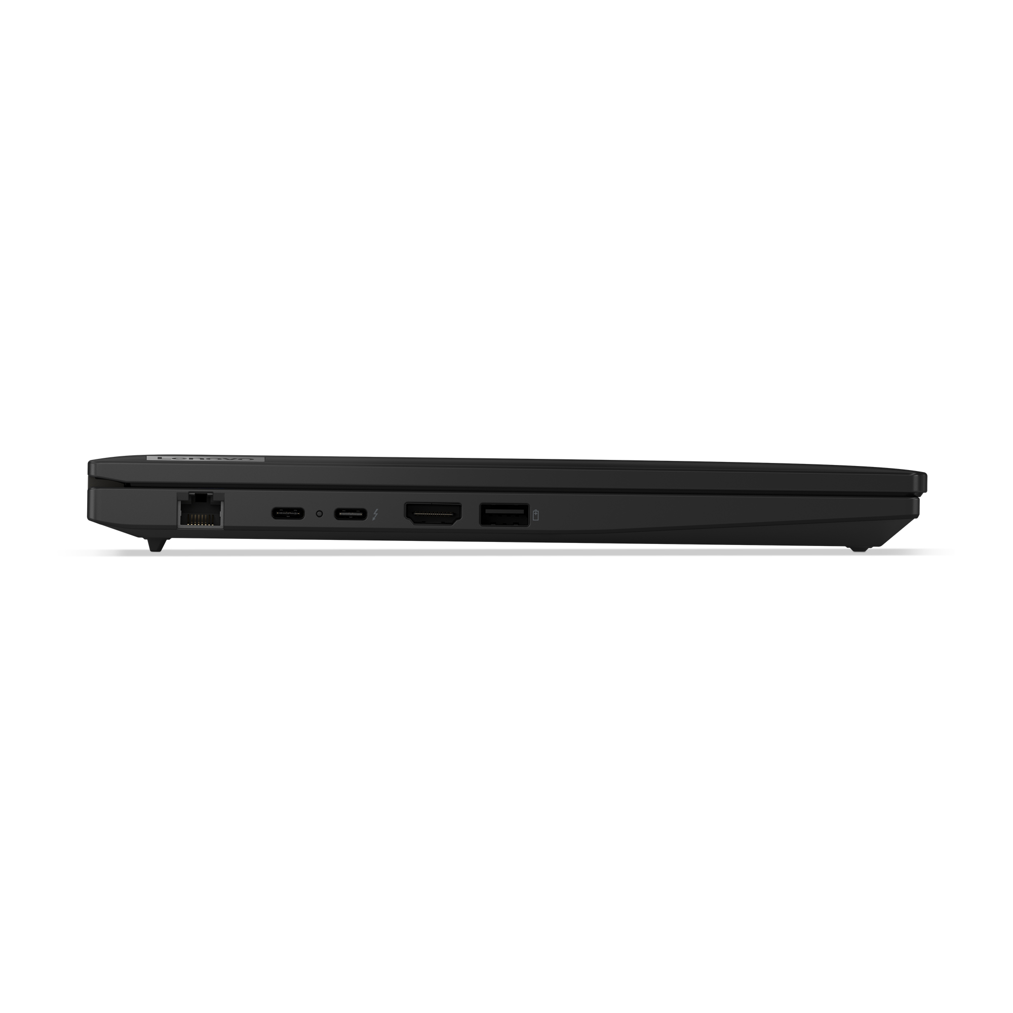 Vista laterale di un laptop nero con varie porte, tra cui Ethernet, USB-C, HDMI e USB.