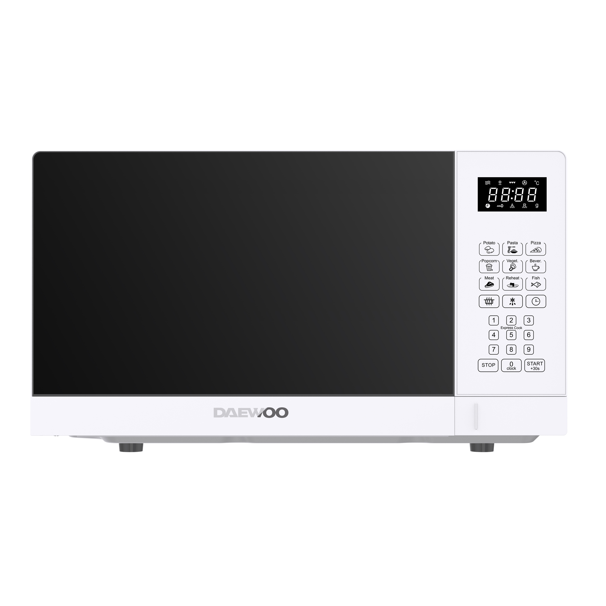 Horno microondas Daewoo blanco con pantalla digital y panel de control, sobre superficie blanca.