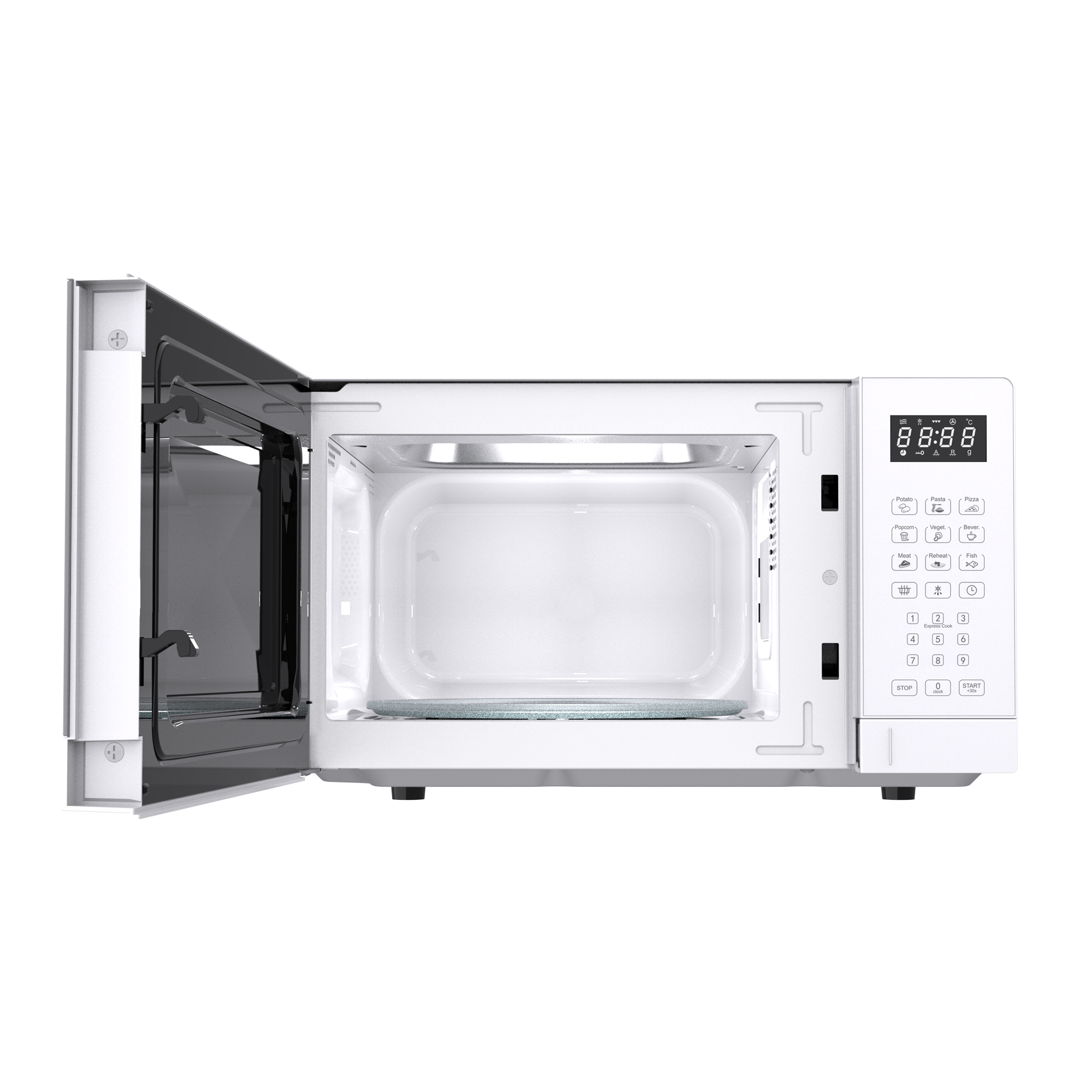 Microondas blanco con puerta abierta. Dentro hay un plato de vidrio. Pantalla digital a la derecha.