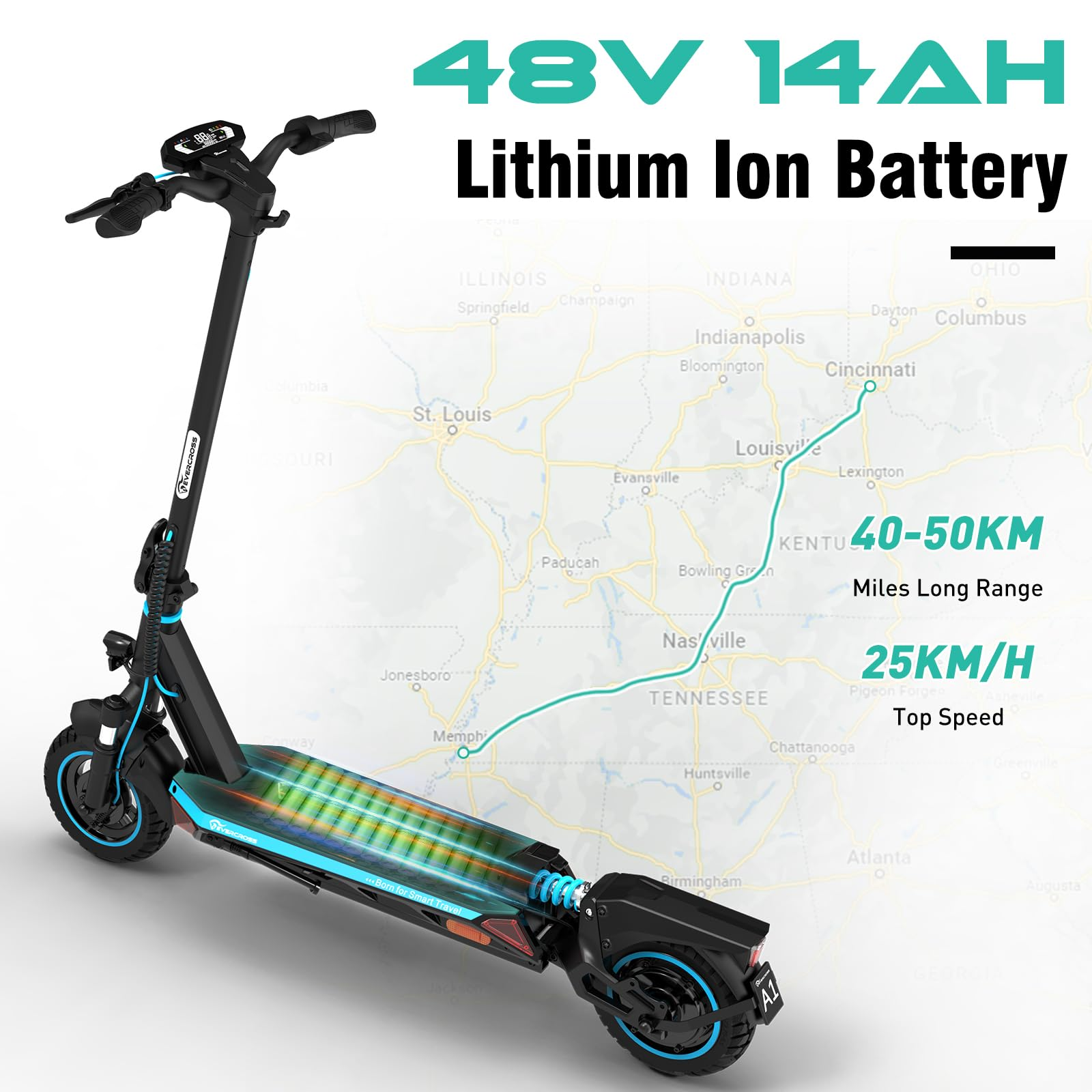 Scooter elettrico, sfondo mappa, testo sulla batteria e sulla velocità.