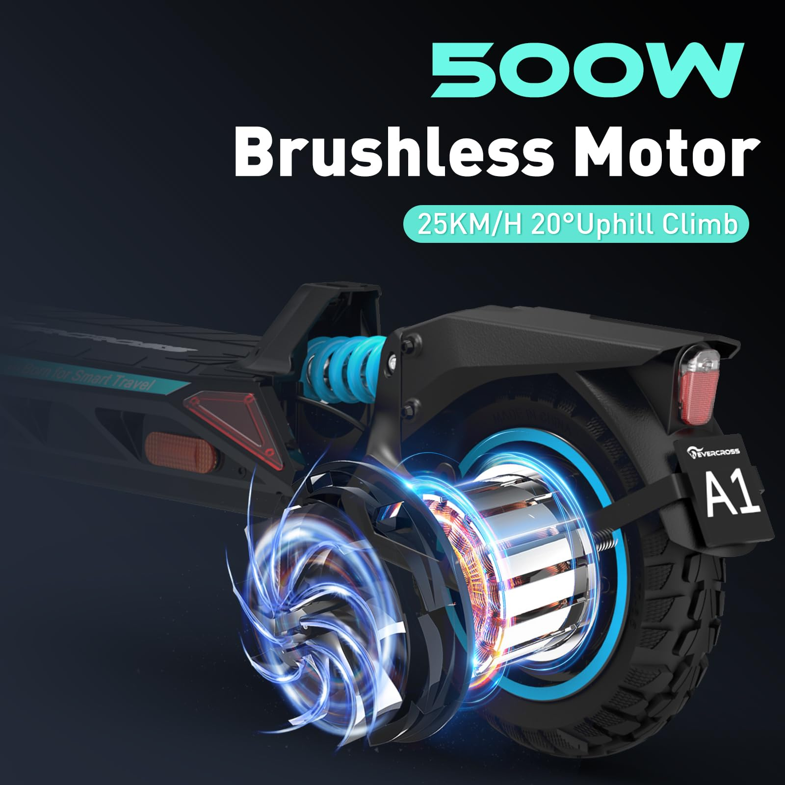 Un monopattino elettrico con motore brushless, dettagli blu e testo promozionale.