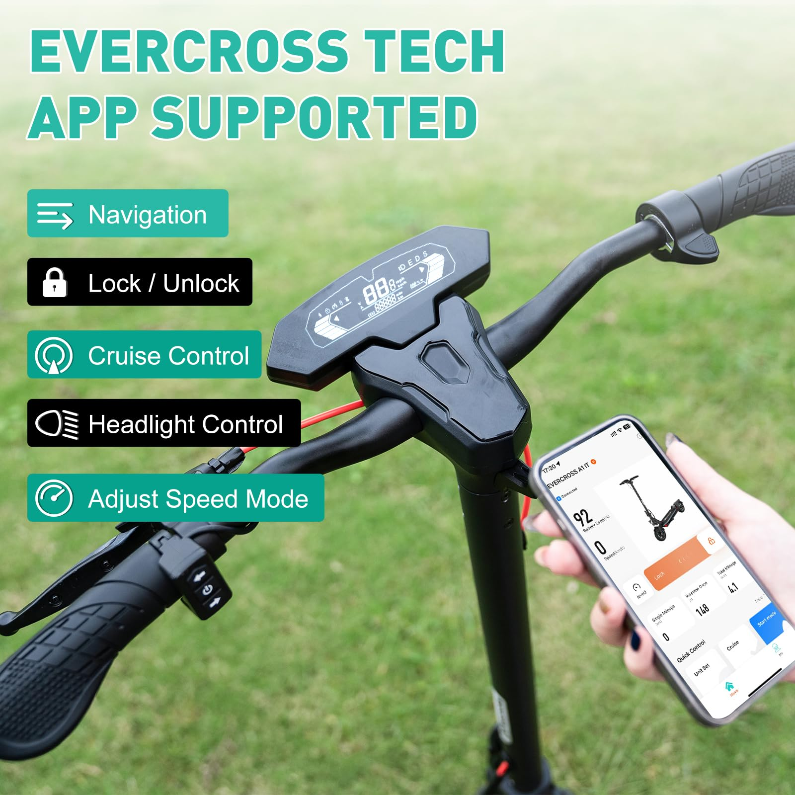 Manubrio di e-scooter. Caratteristiche: navigazione, blocco/sblocco, cruise control, faro e regolazione velocità.