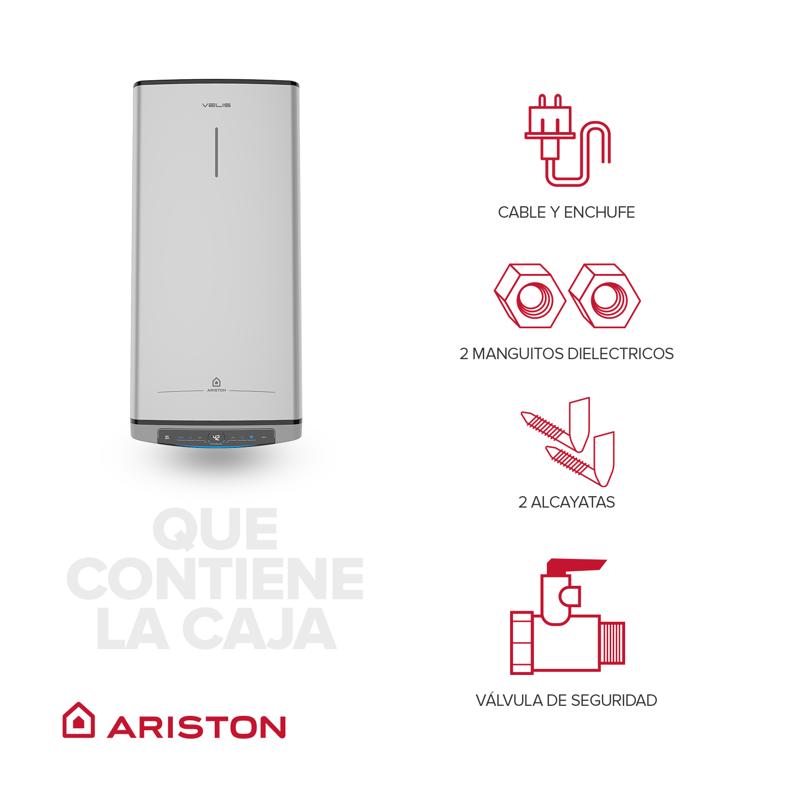 Calentador de agua blanco con ilustraciones de sus componentes y un logotipo de marca.
