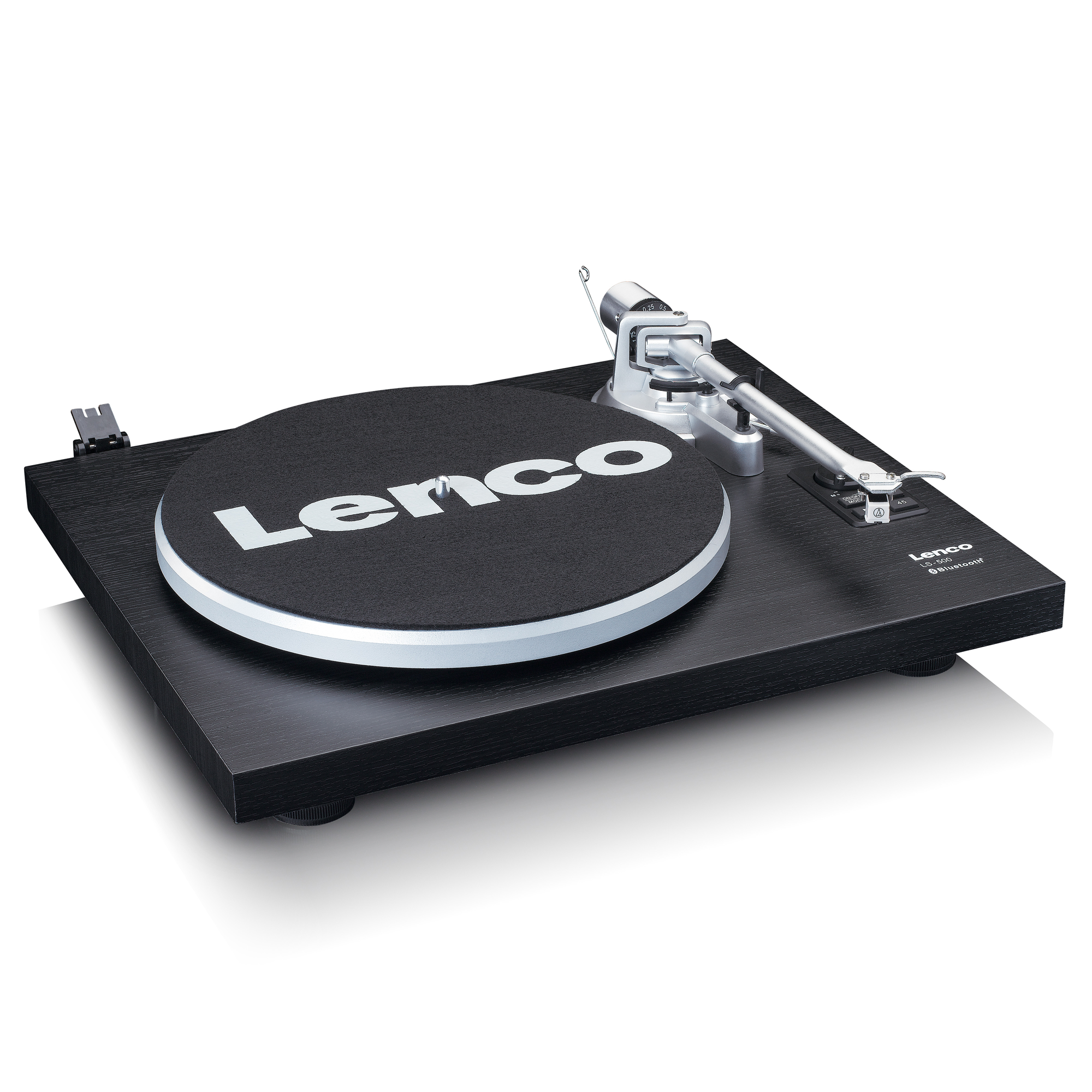 Schwarzer Lenco-Plattenspieler mit schwarzem Teller und silbernem Tonarm.