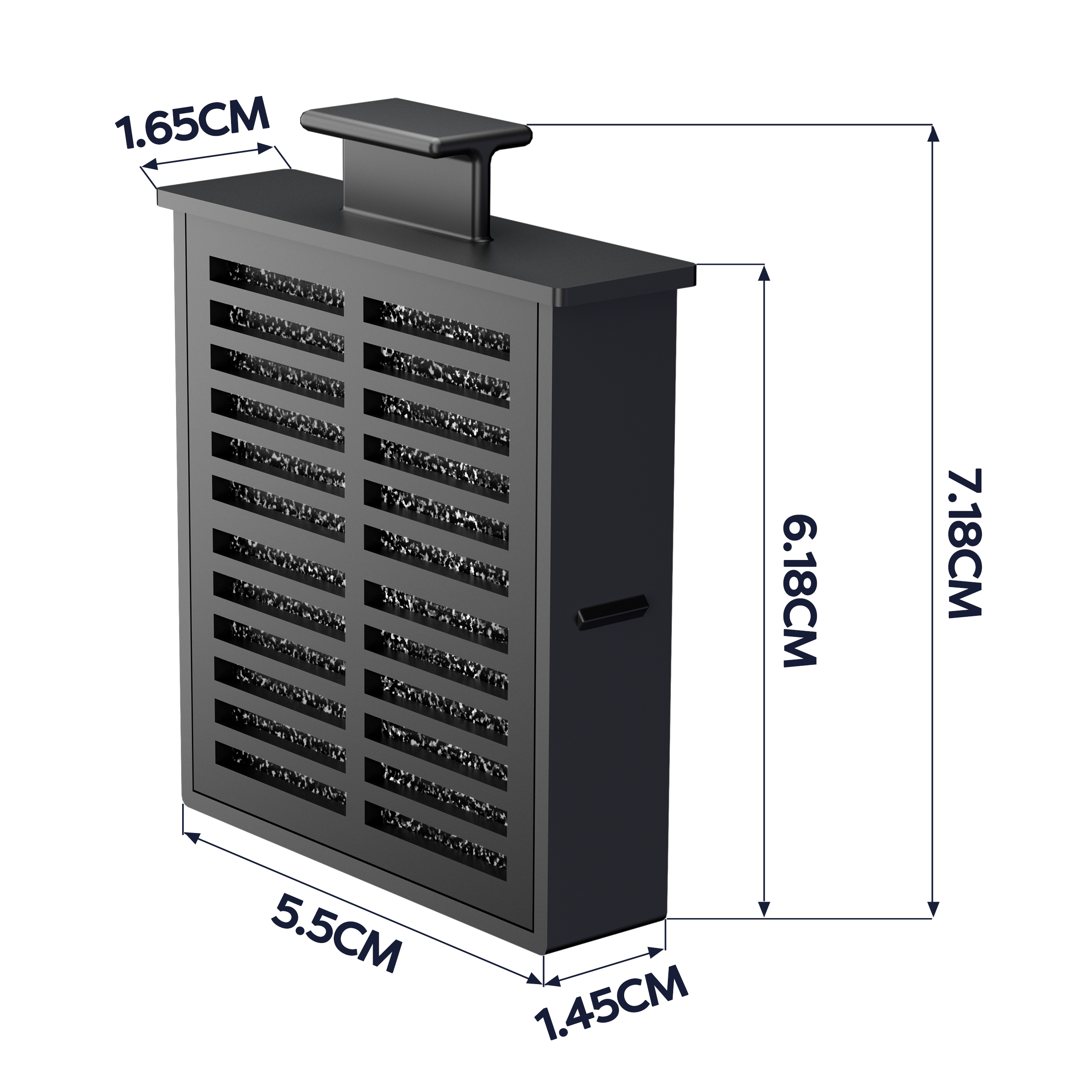 Black air filter. The dimensions of the filter are shown.