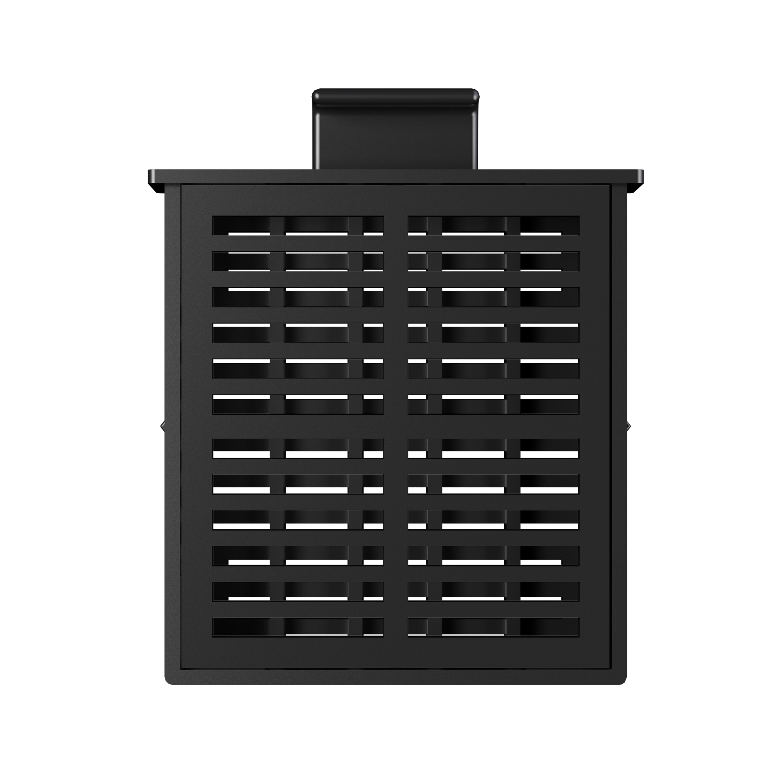Black outdoor trash can. It has a rectangular shape with a slatted front design. White background.