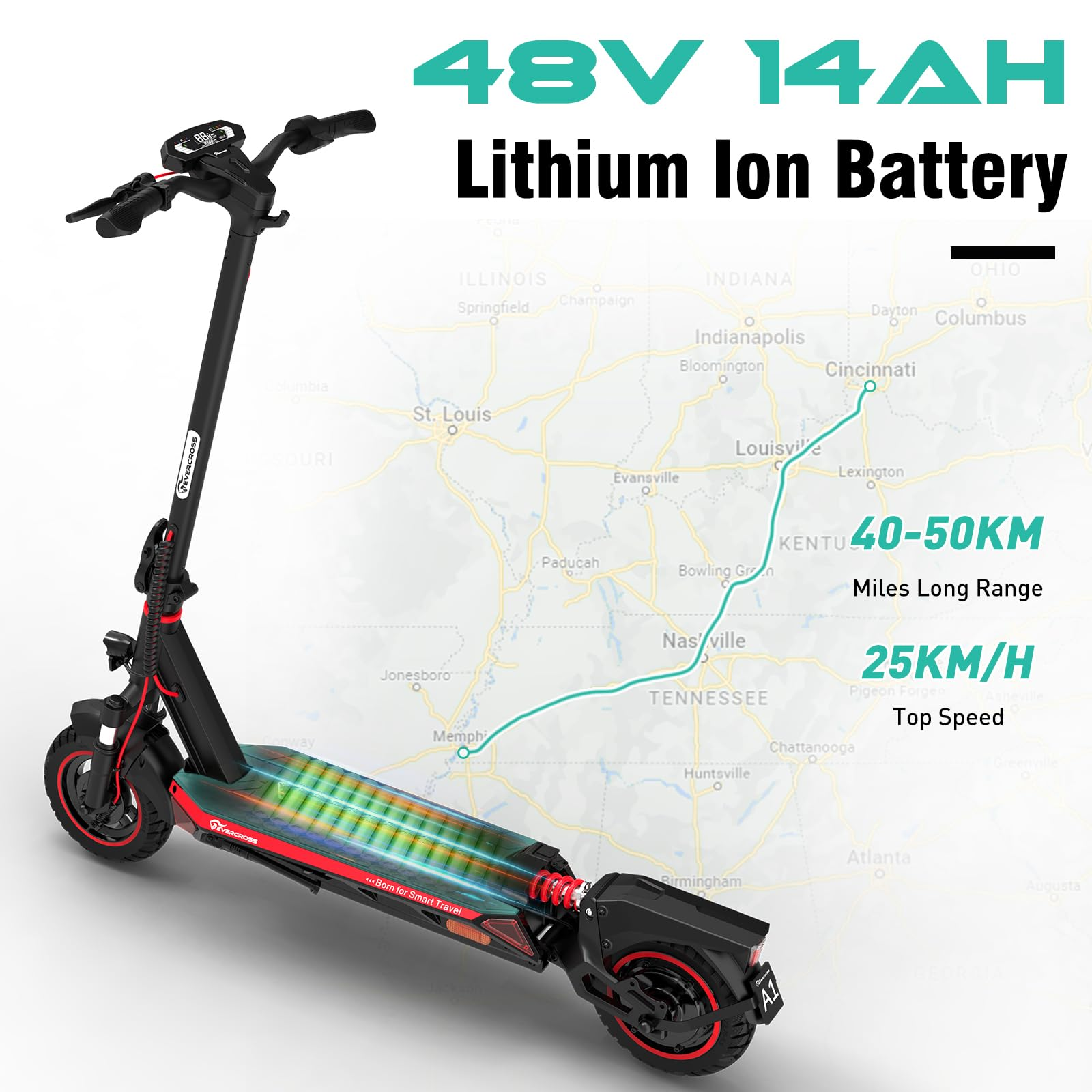 Scooter elettrico con sfondo mappa che mostra un percorso e testo su batteria e velocità.