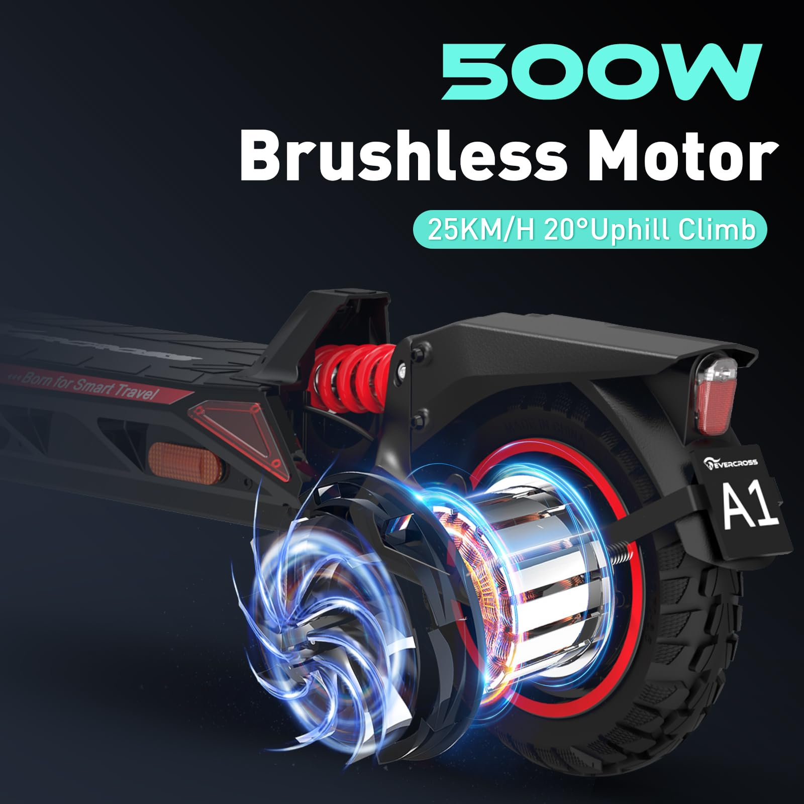 Dettaglio di scooter elettrico nero e rosso. Testo: Motore Brushless 500W, 25KM/H 20° salita.