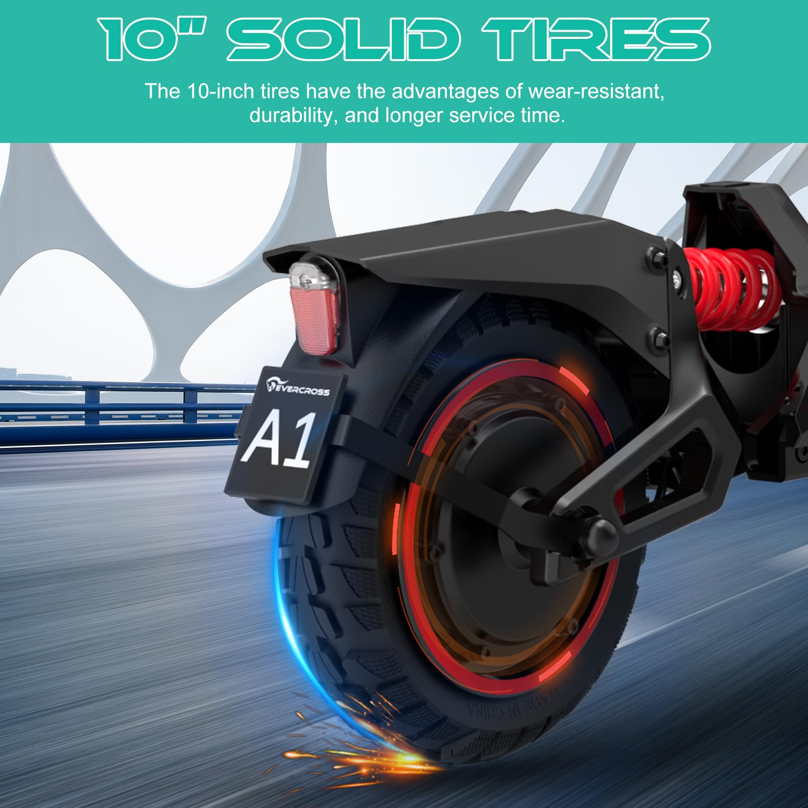 Ruota di scooter elettrico nera. Testo: Pneumatici pieni da 10 pollici. Luce blu e scintille.