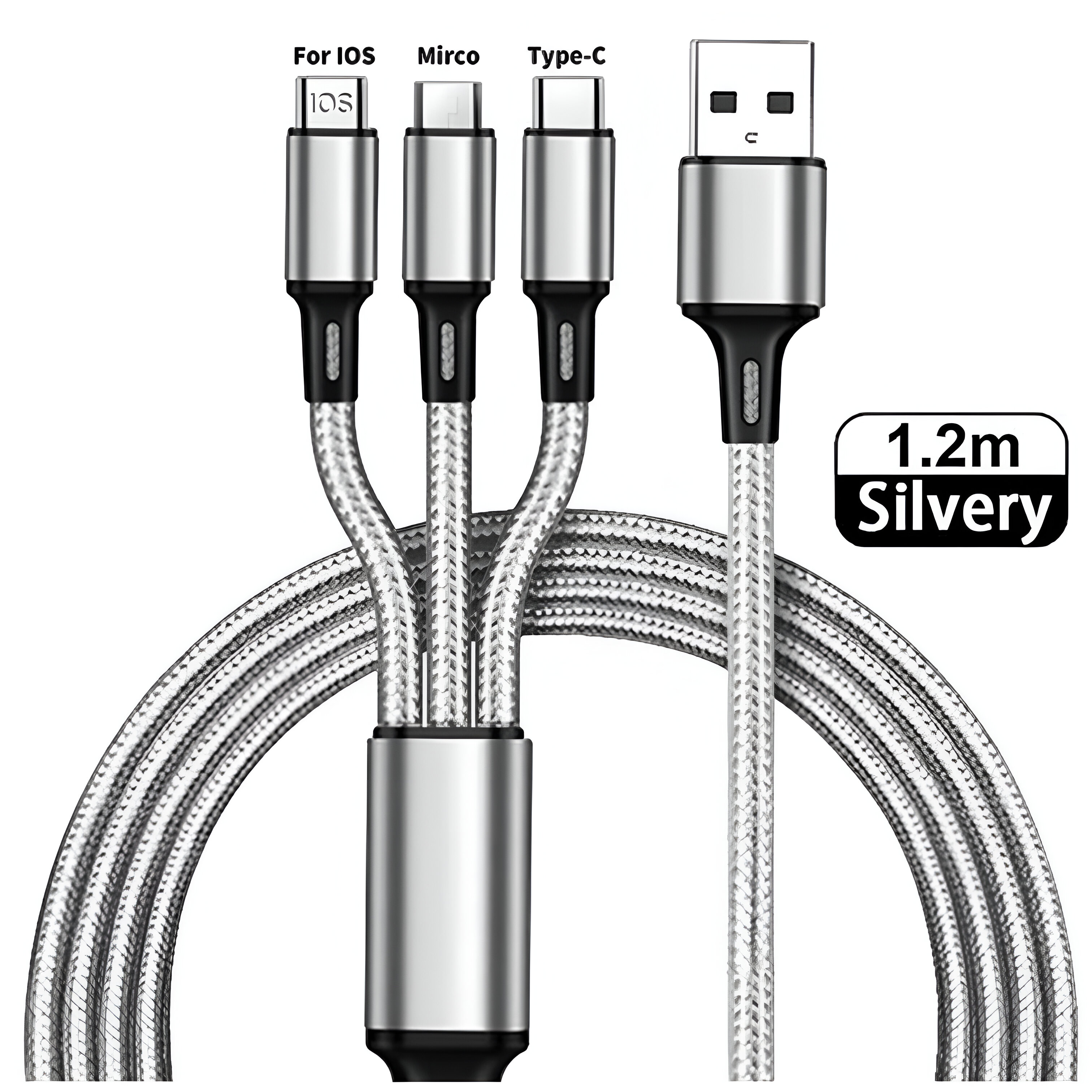 Un cable de carga plateado con cuatro conectores etiquetados: For IOS, Mirco, Type-C y USB.