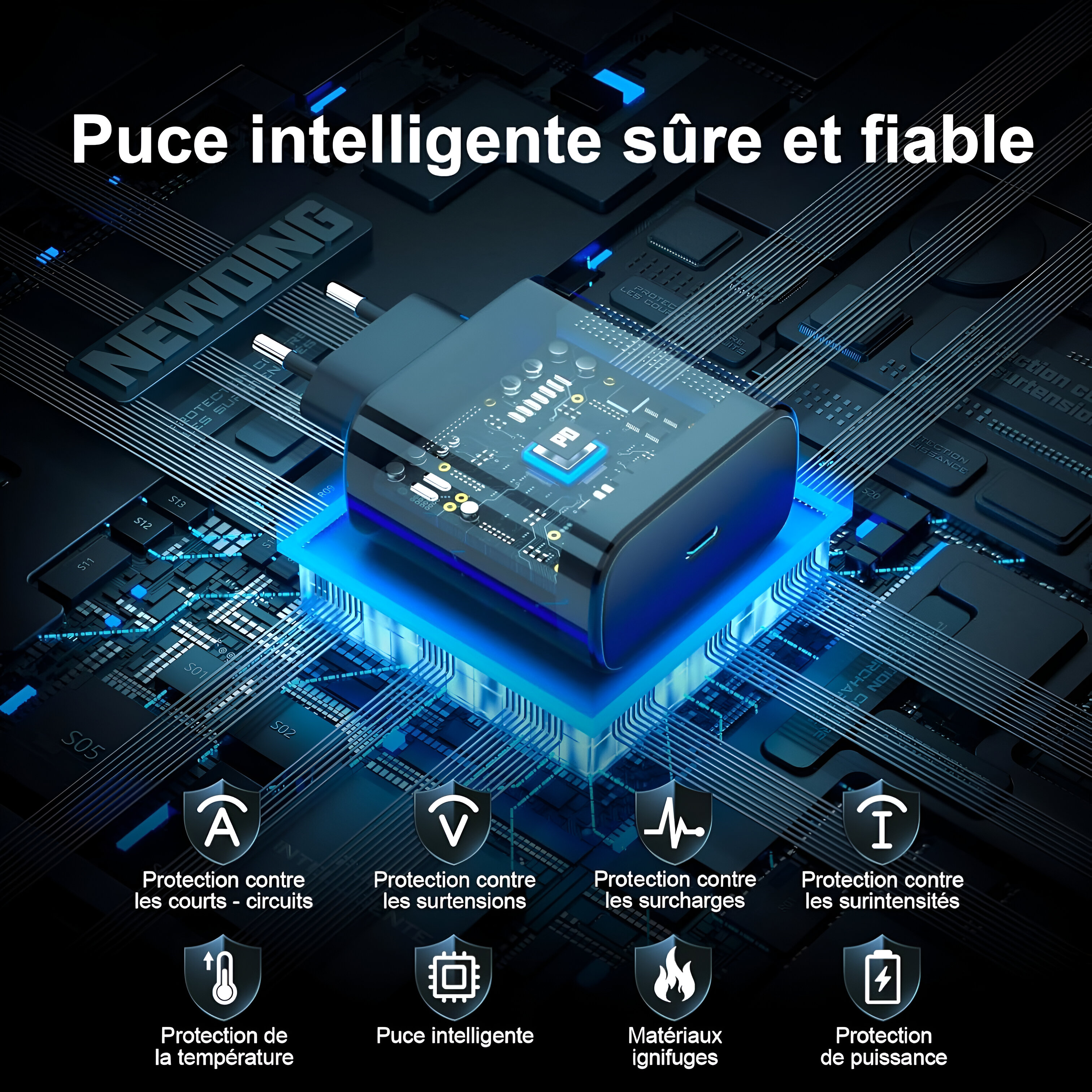 Imagen que muestra un bloque de carga azul con varios iconos de seguridad. Tiene un diseño de placa de circuito.