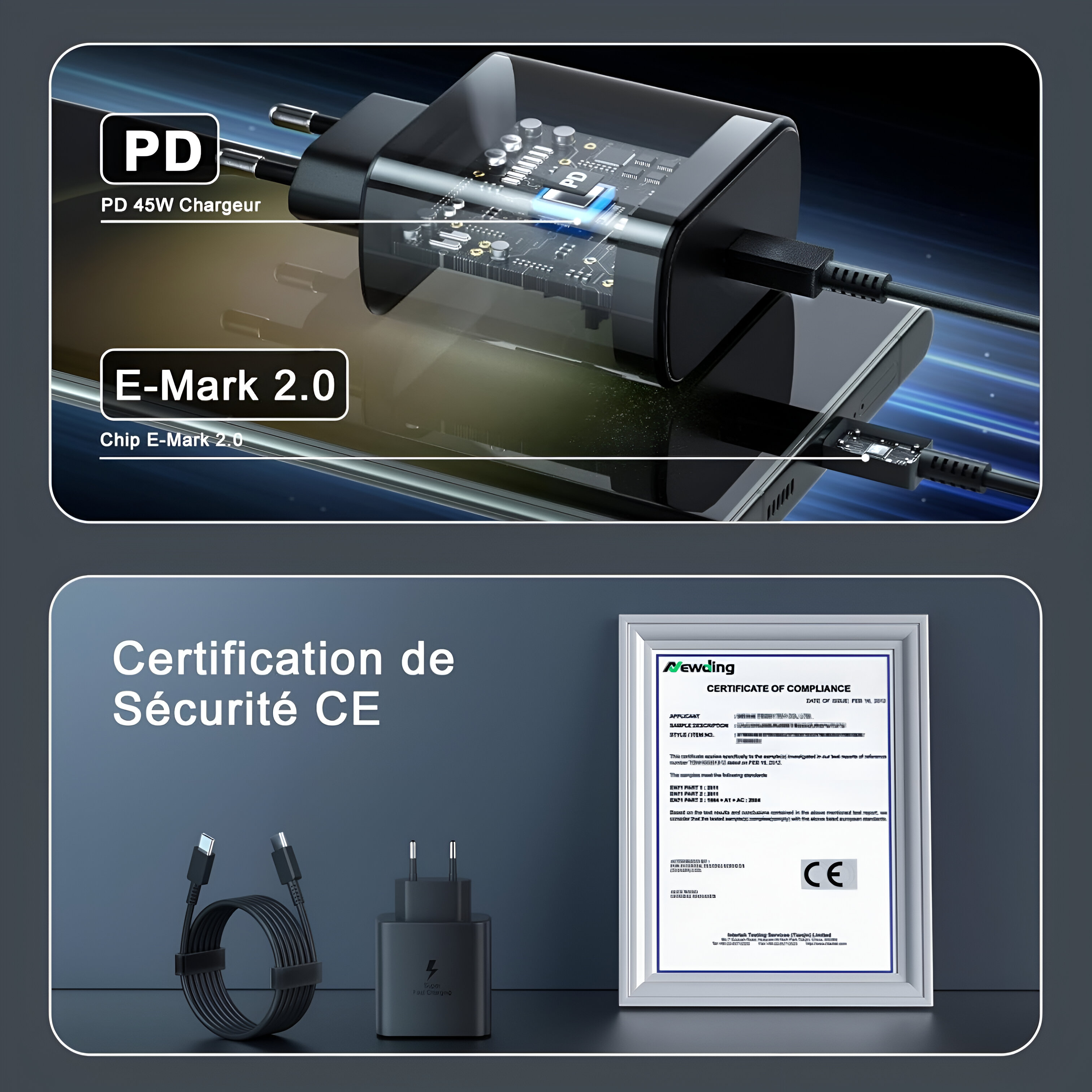 Cargador con detalles y certificado de cumplimiento. Cargador negro con cable.
