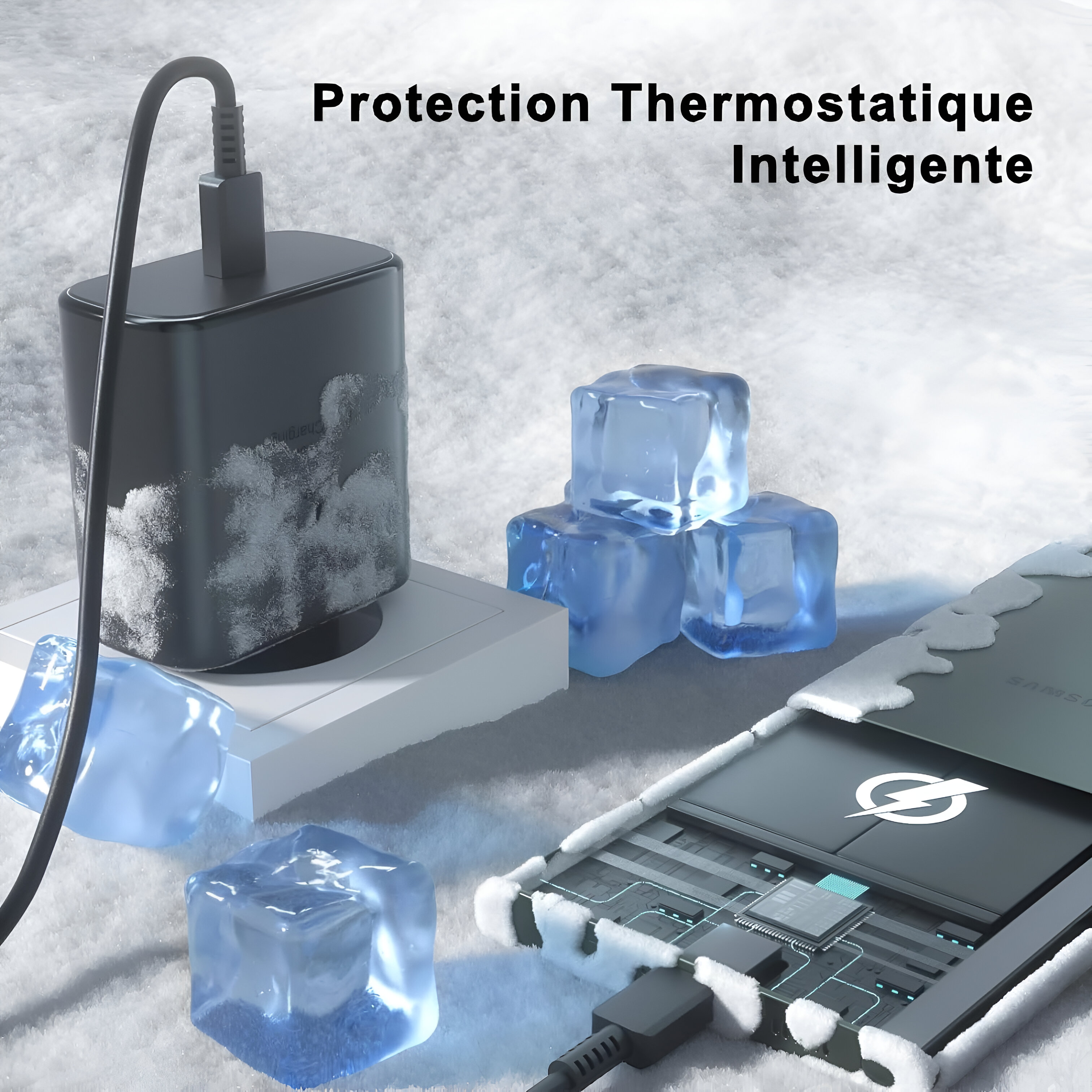 Cargador y teléfono con cubitos de hielo. Cargador enchufado. Texto en francés.