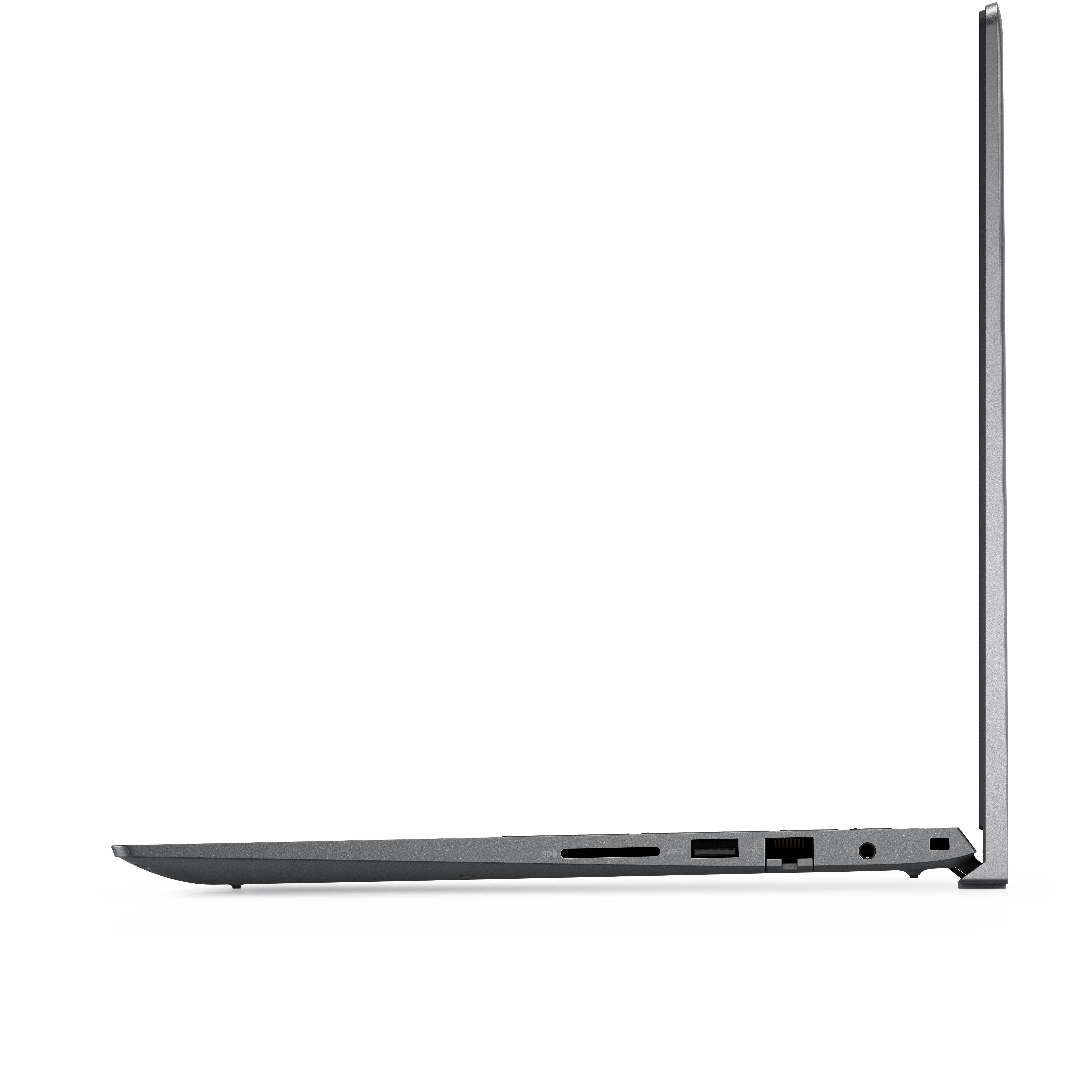 Vista laterale del laptop, colore grigio scuro, con porte.