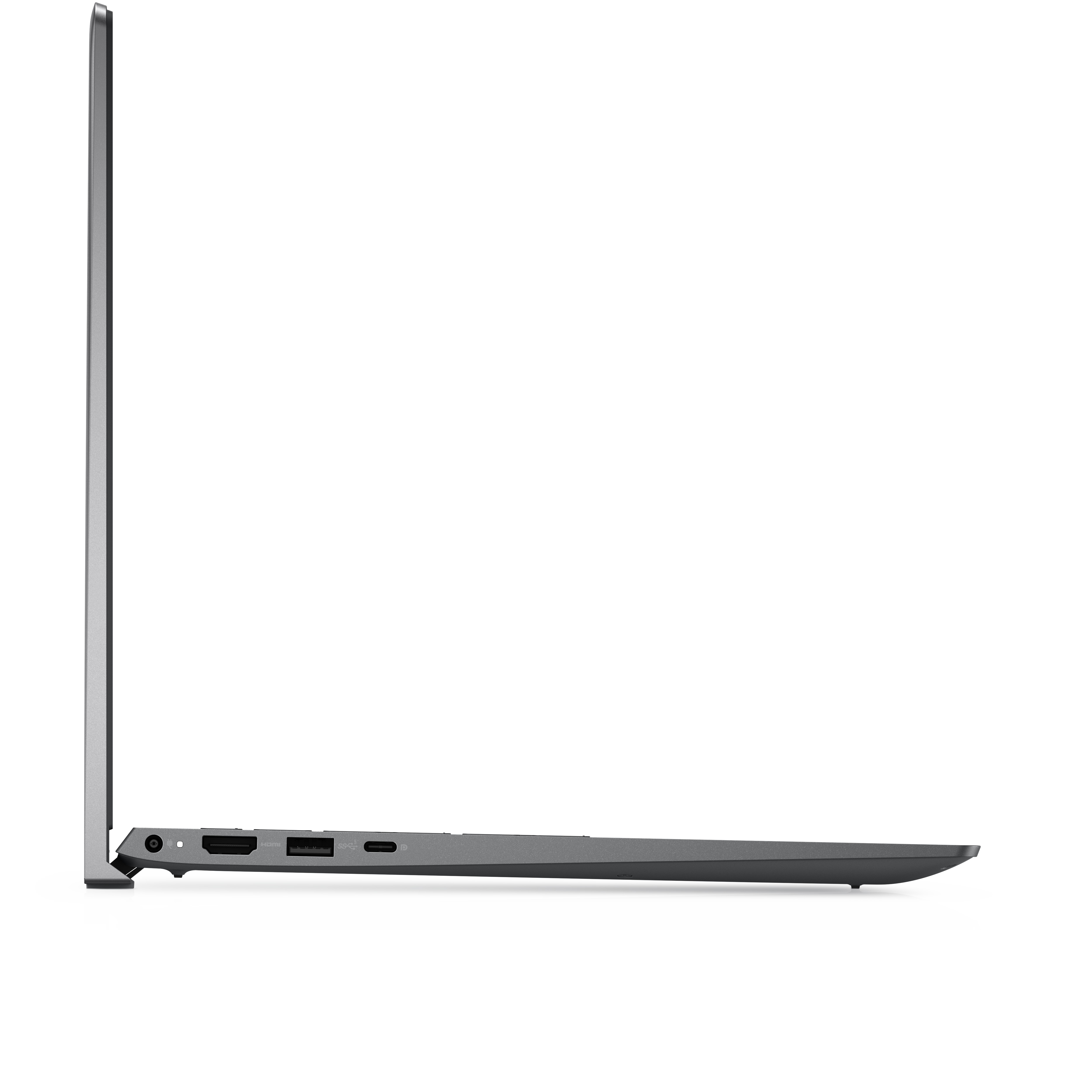 Vista laterale del laptop, chiuso. Colore grigio, design elegante, porte visibili sul lato. Sfondo bianco.