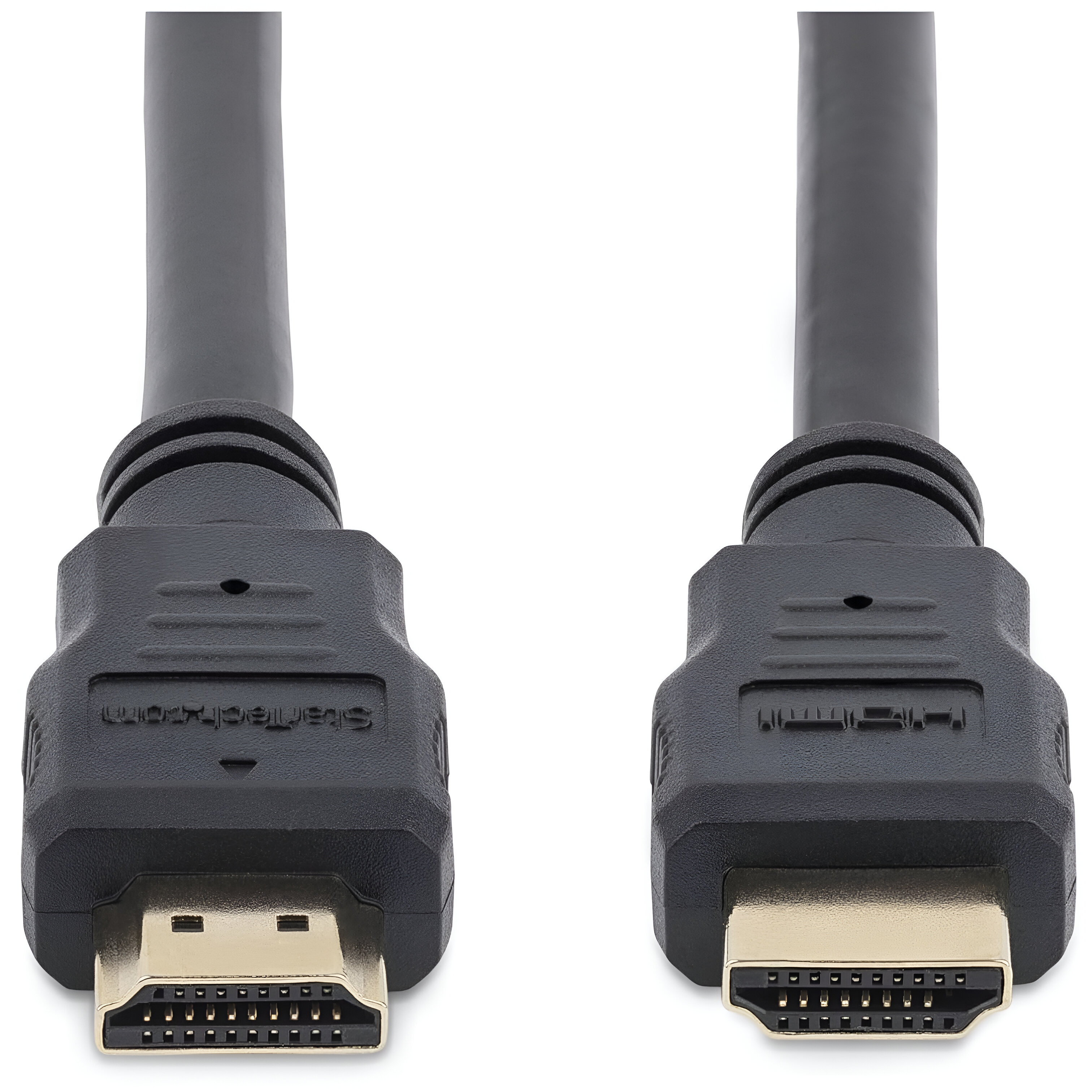 Dos cables HDMI negros con conectores dorados. Cables sobre fondo blanco.