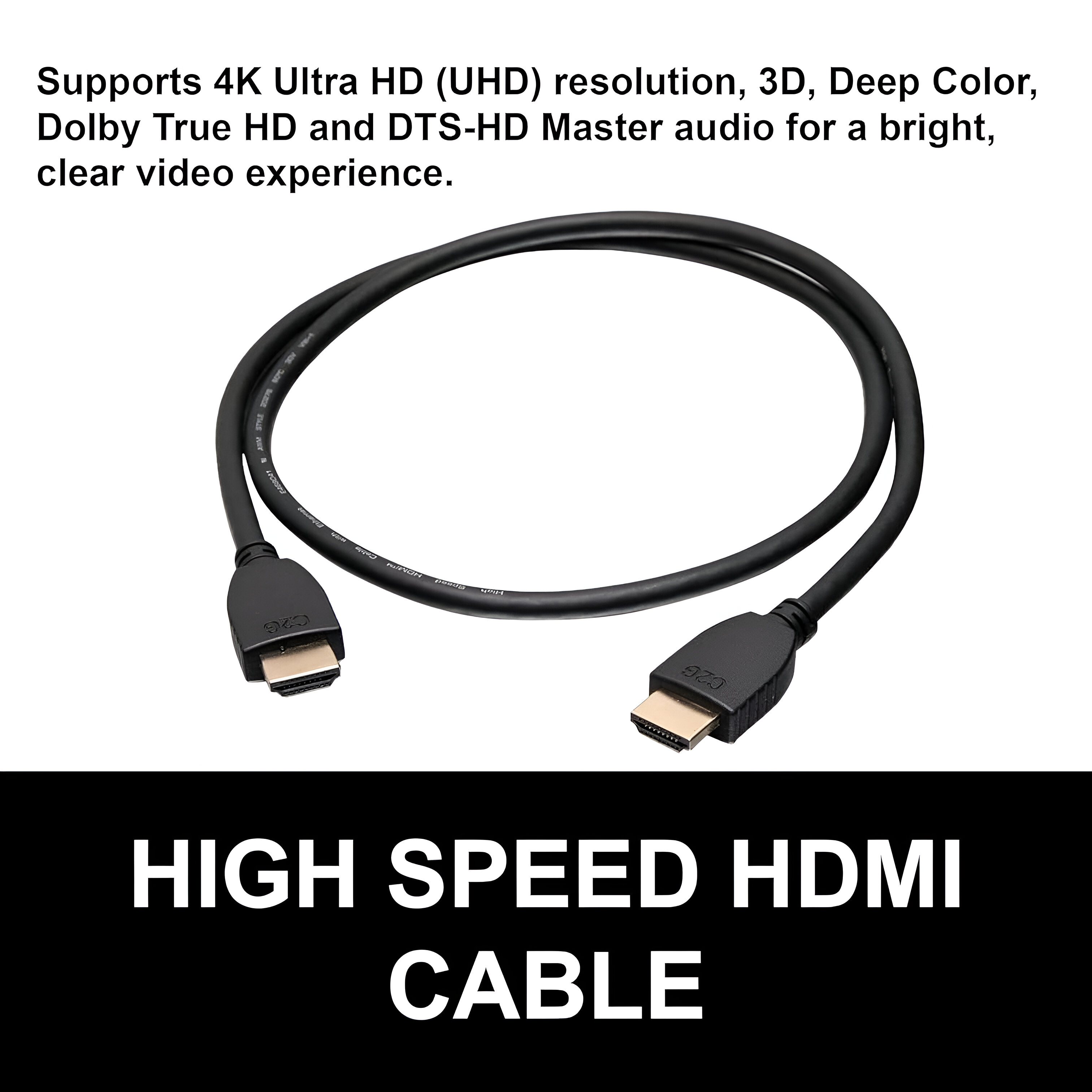 Cable HDMI negro con conectores. Texto: "HIGH SPEED HDMI CABLE". Fondo blanco.