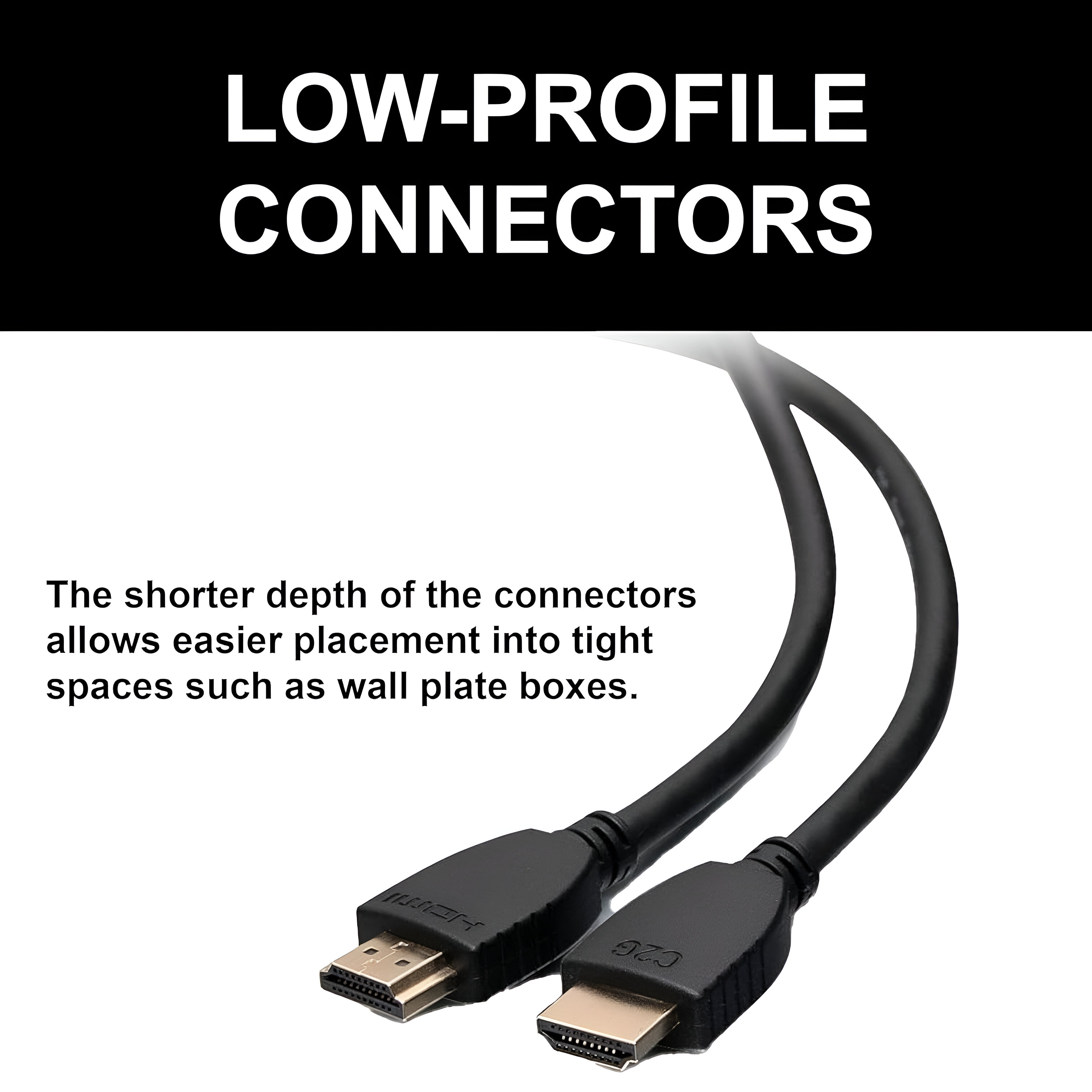 Cables HDMI con conectores, texto 'conectores de perfil bajo' y su propósito.