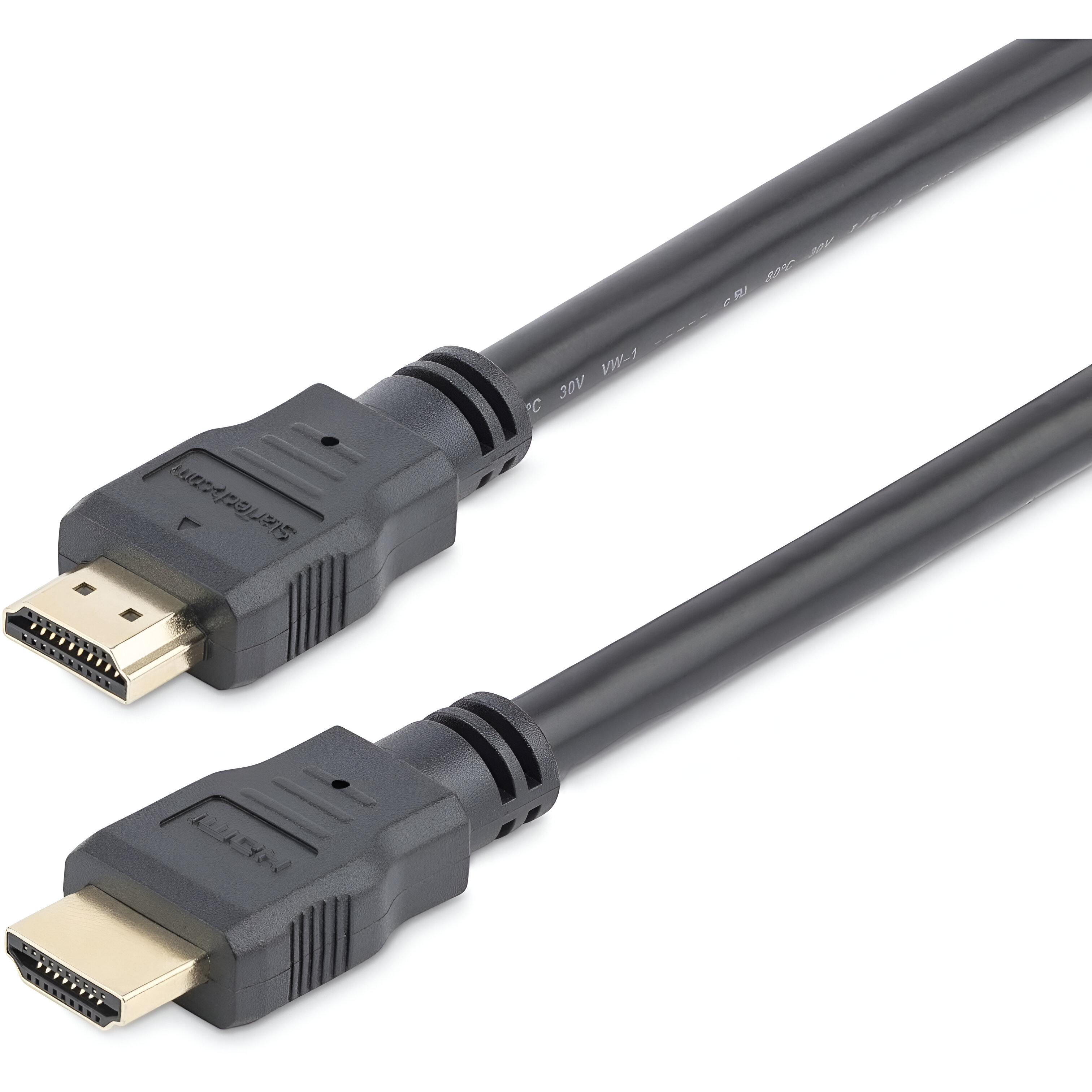 Cable HDMI negro con conectores en ambos extremos.