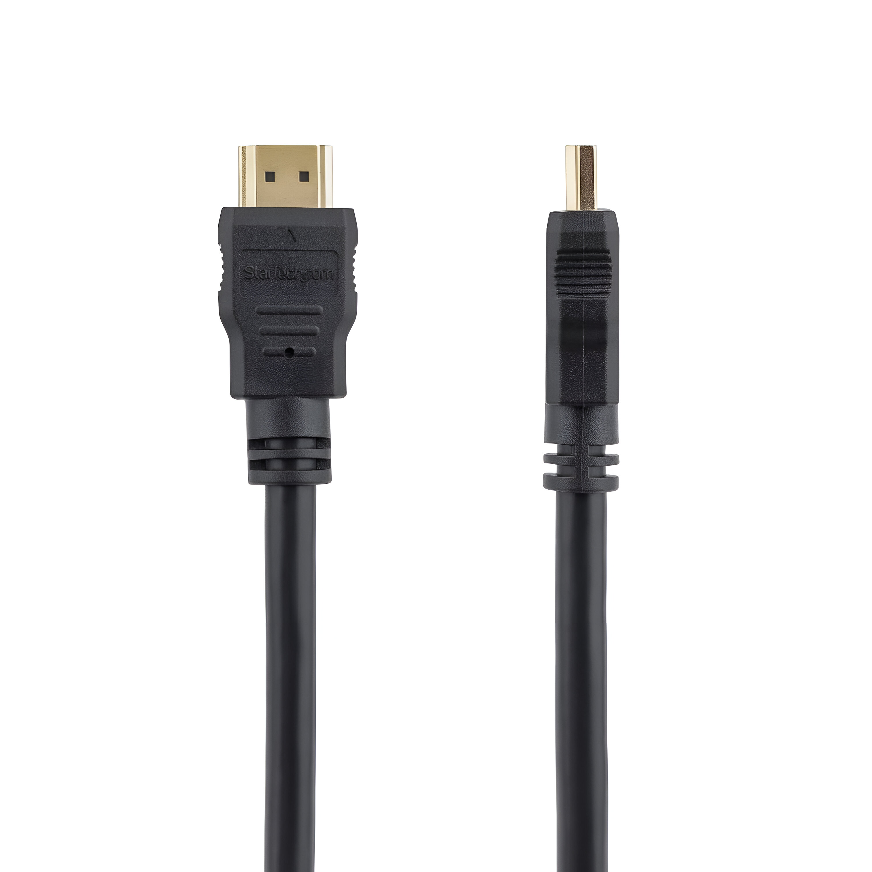 Cable HDMI negro con conectores en ambos extremos, aislado sobre fondo blanco.