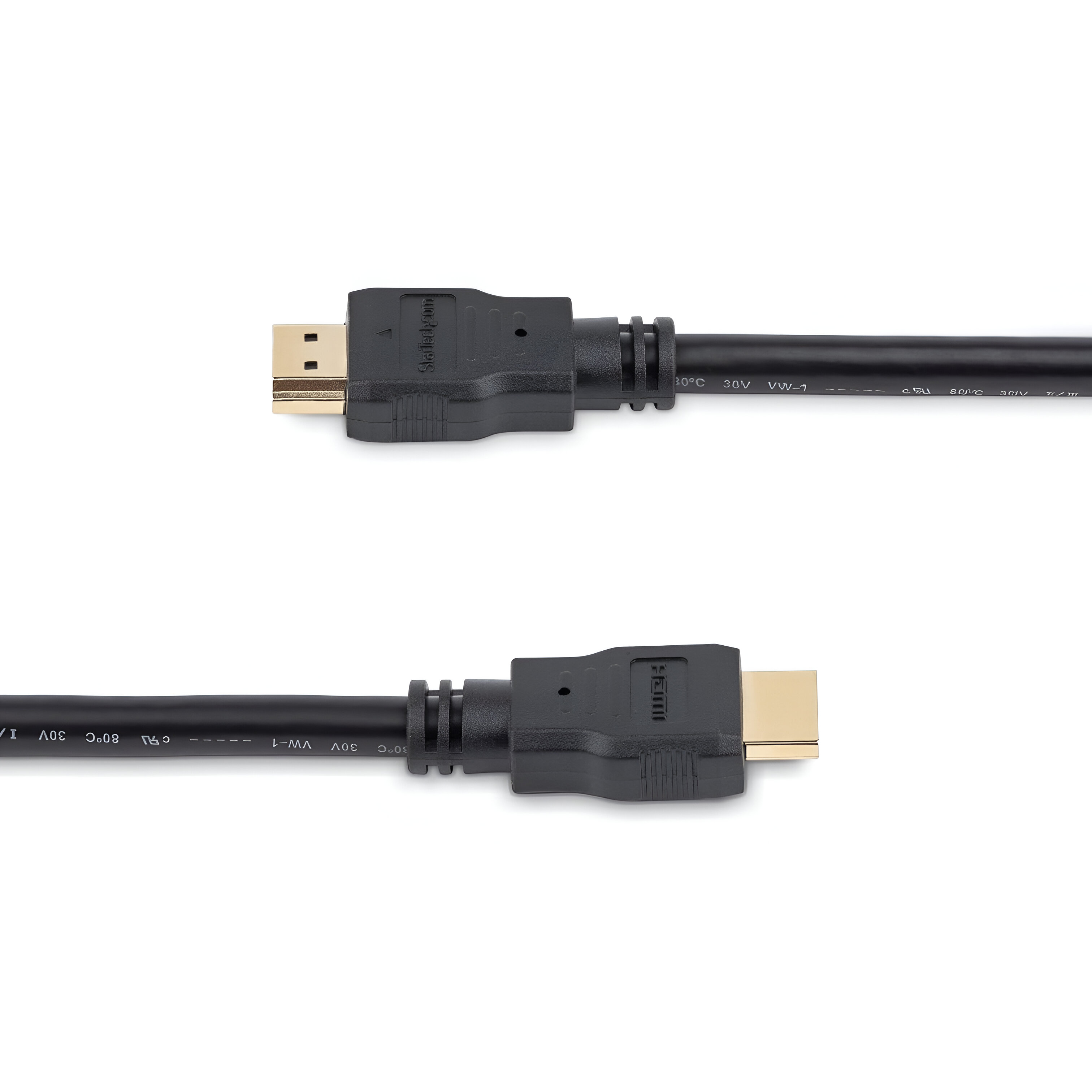 Dos cables HDMI negros sobre fondo blanco. Los conectores tienen pines dorados.