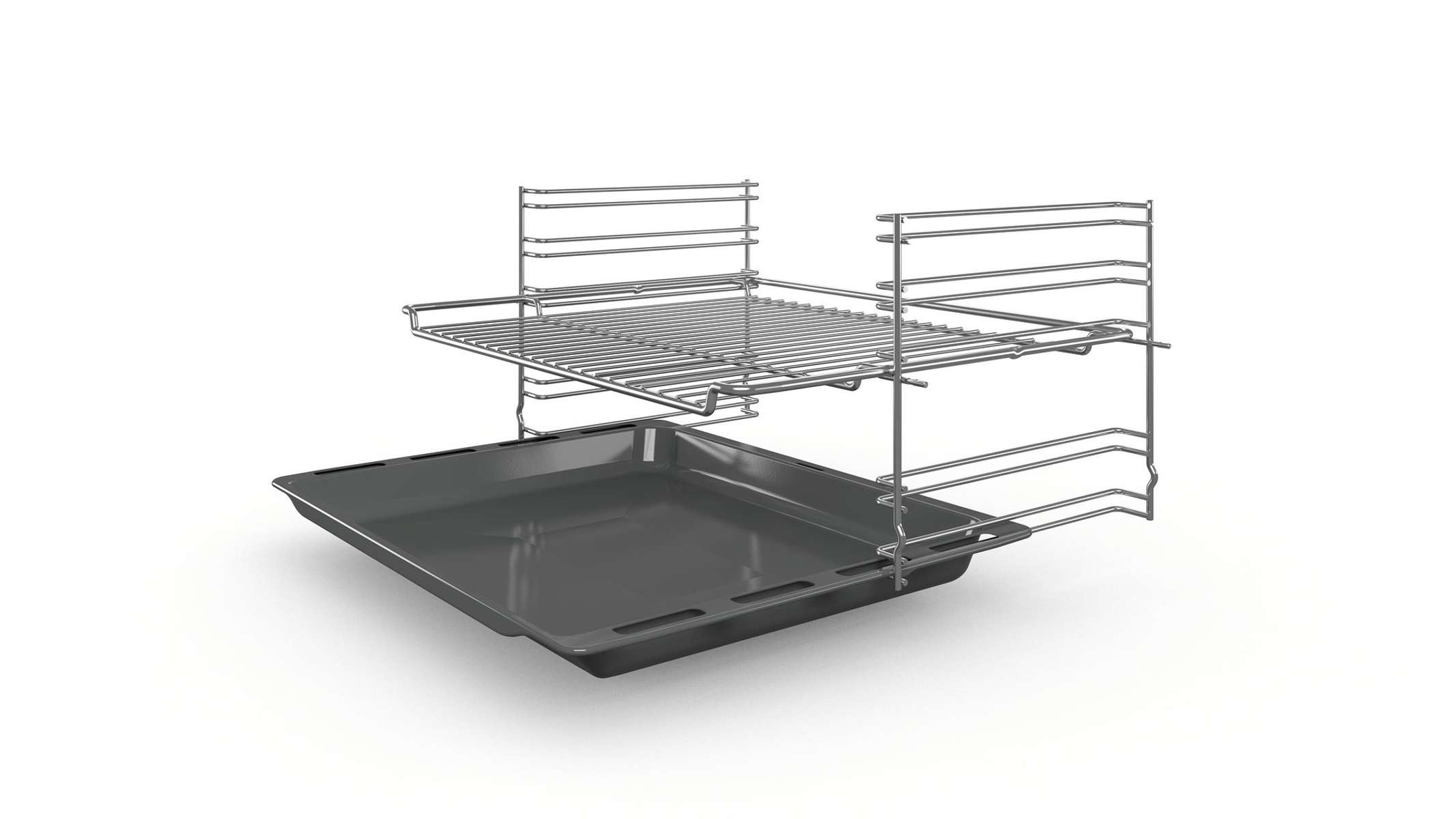 Grilles de four en acier inoxydable, une tenant un plateau, les deux sur fond blanc.