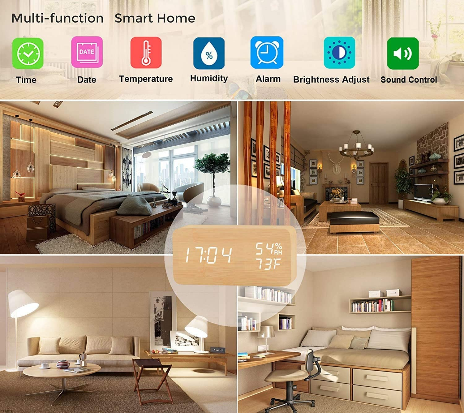 Inteligentny zegar domowy wyświetla godzinę, datę, temperaturę, wilgotność i alarm. Scena pokazuje różne pokoje.