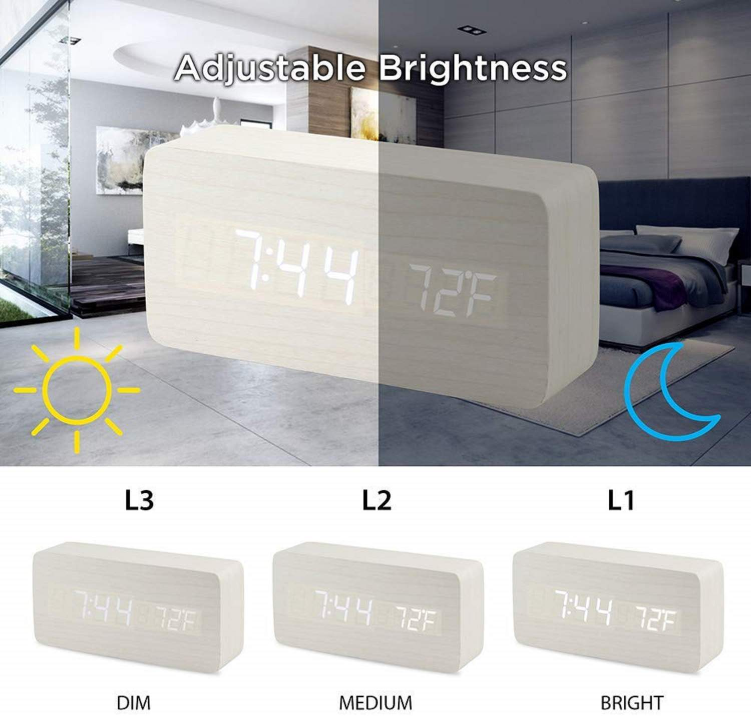 Drewniany zegar cyfrowy z regulowaną jasnością, wyświetlający godzinę i temperaturę.