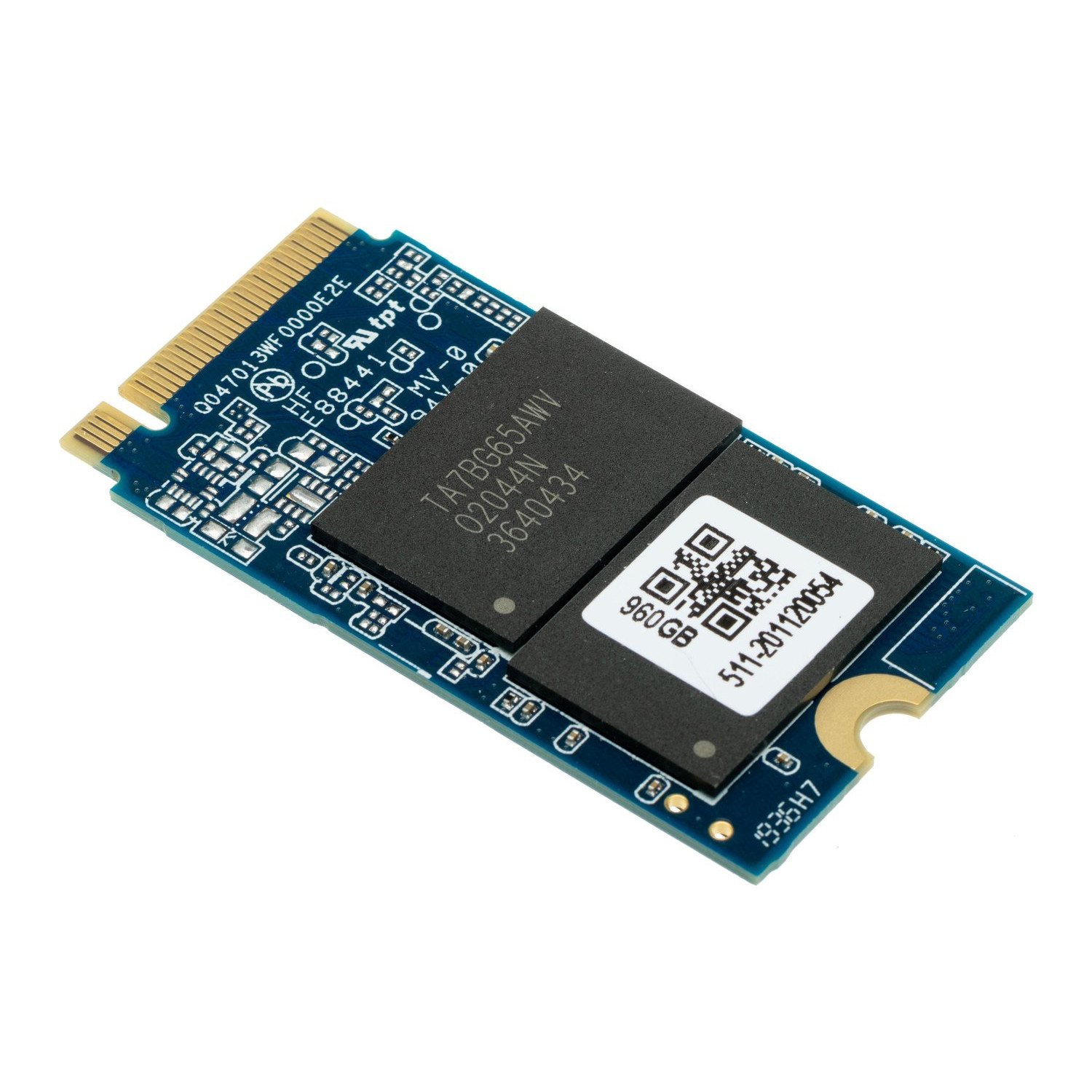 Niebieska płytka drukowana z układami scalonymi i kodem QR. To element komputera.