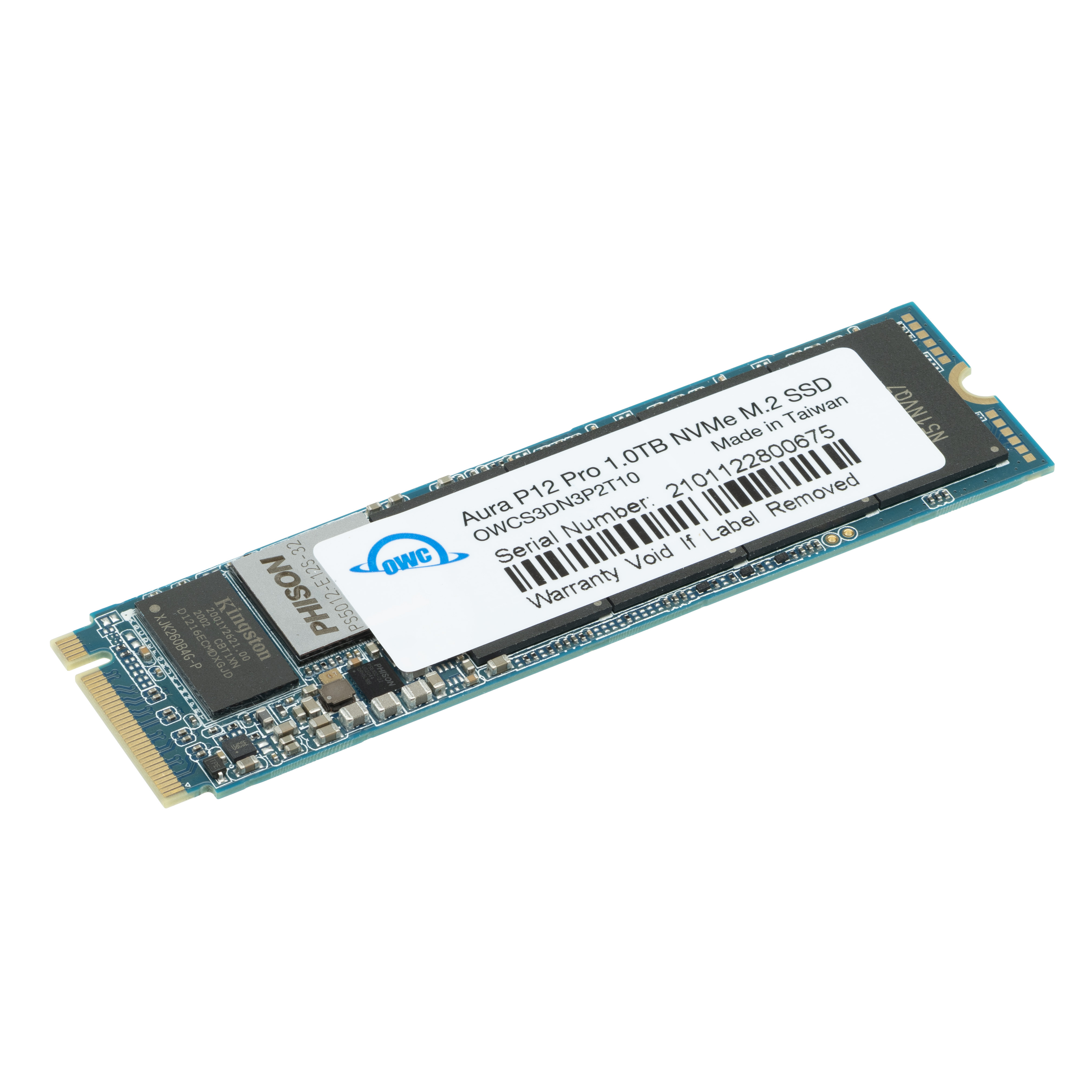 Niebieski dysk SSD NVMe M.2 z etykietą, numerem seryjnym i napisem 'Aura P12 Pro'.