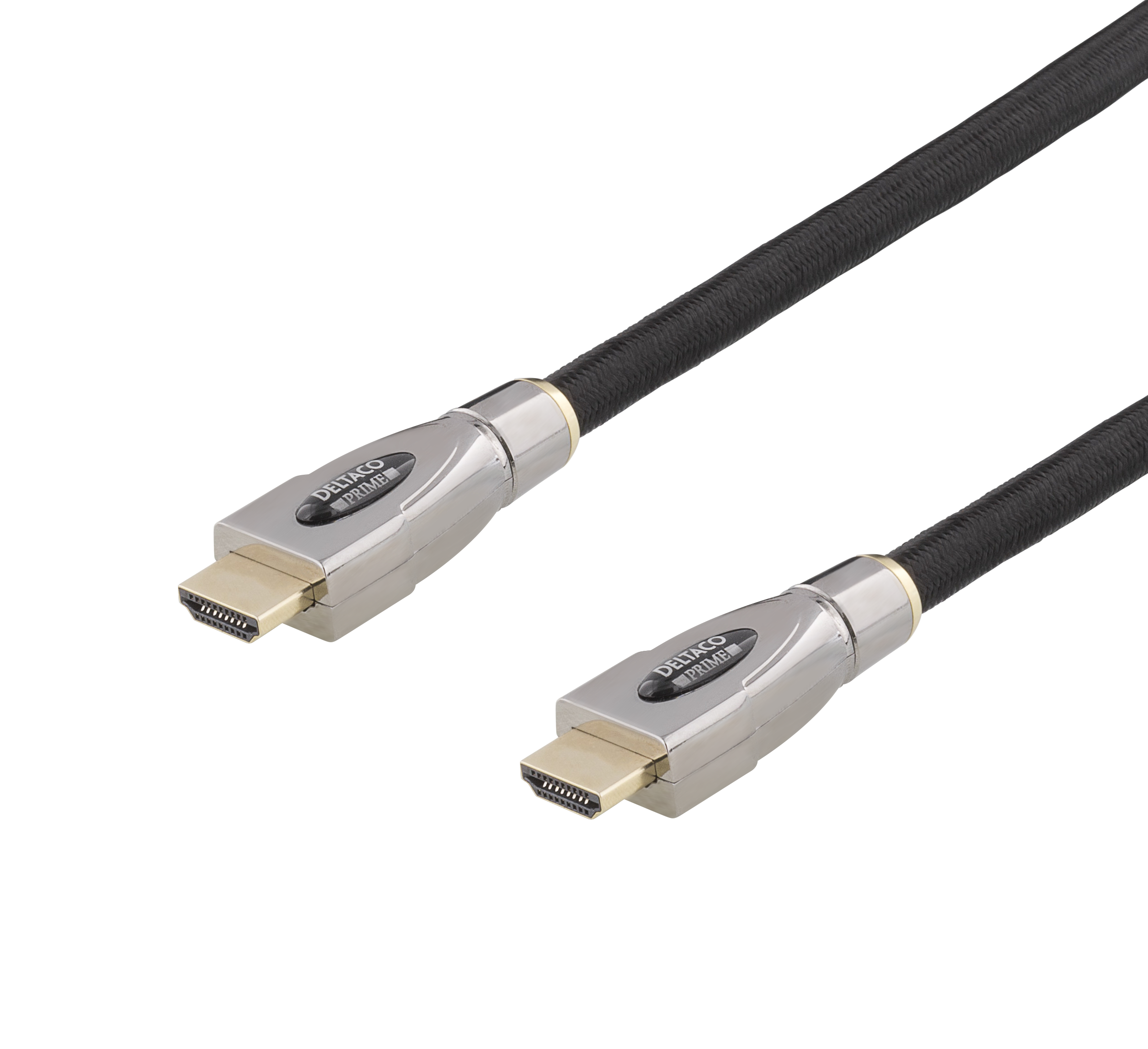 Twee zwarte HDMI-kabels met gouden connectoren, tegen een zwarte achtergrond. De merknaam is zichtbaar.