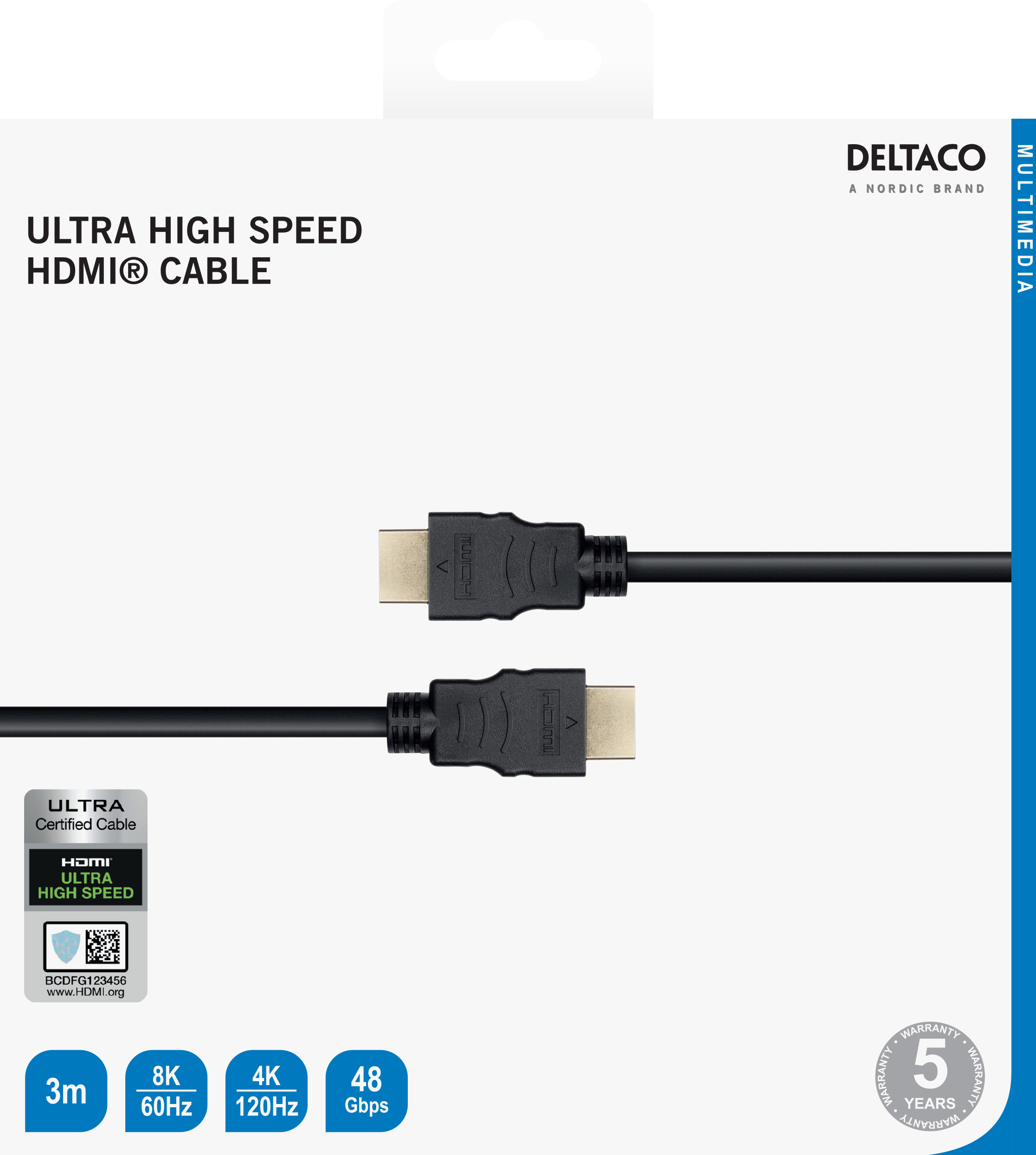 Black HDMI cable with packaging. The packaging has text and logos, including 'DELTCO' and 'HDMI'.