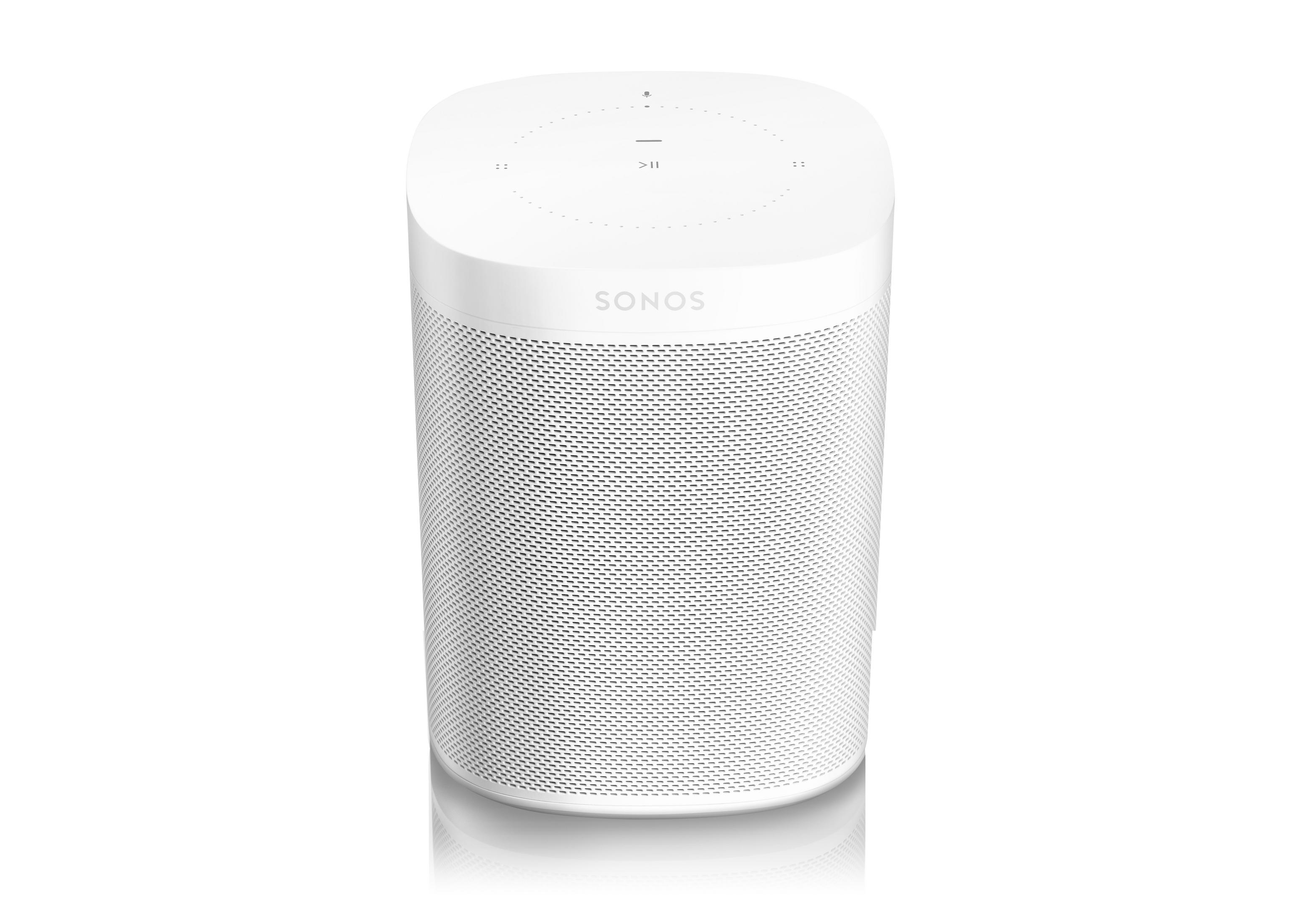 Un altavoz cilíndrico blanco con frontal perforado y la marca SONOS.