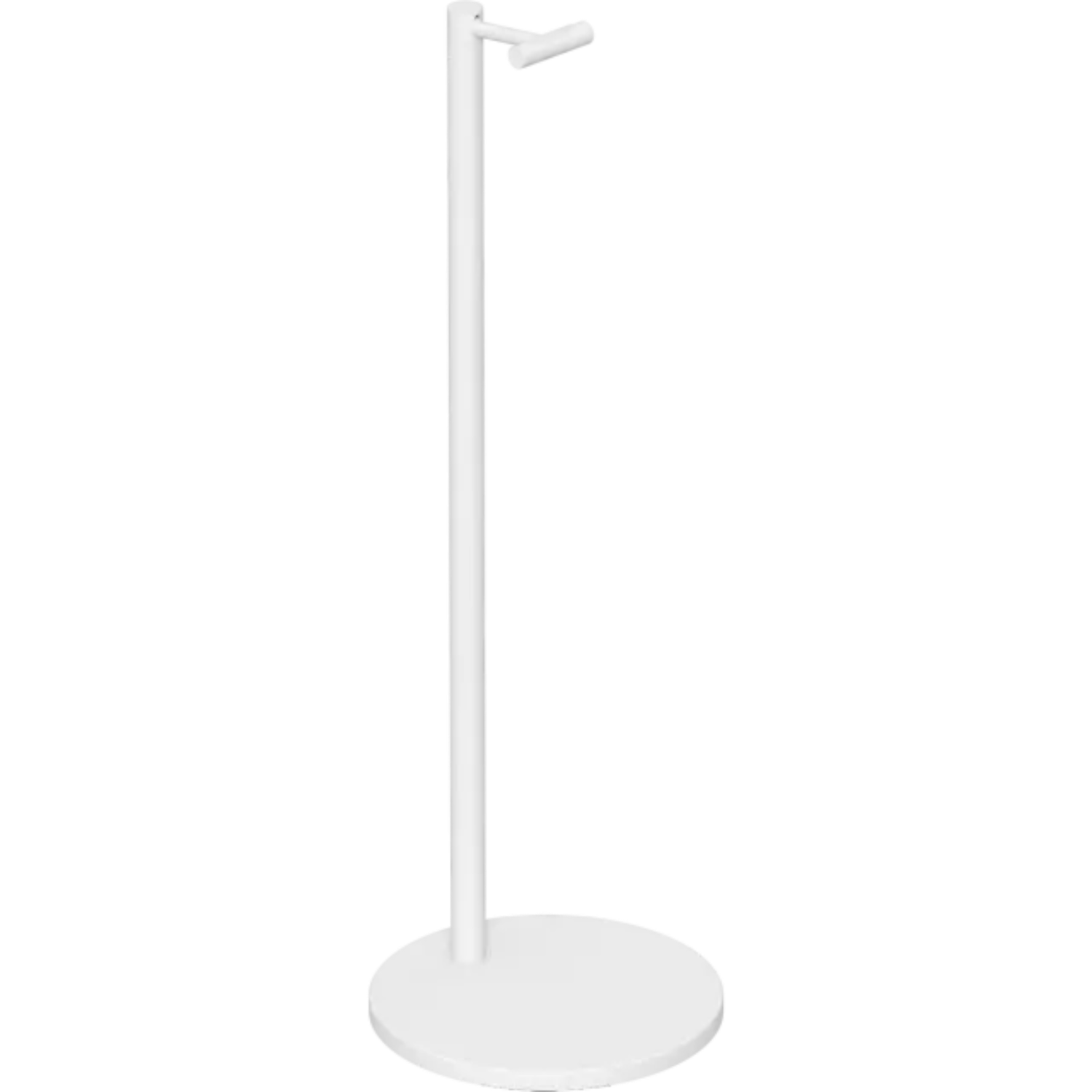 Weißer Kleiderständer. Rundes Fuß und gebogener Haken zum Aufhängen von Kleidung. Schwarzer Hintergrund.