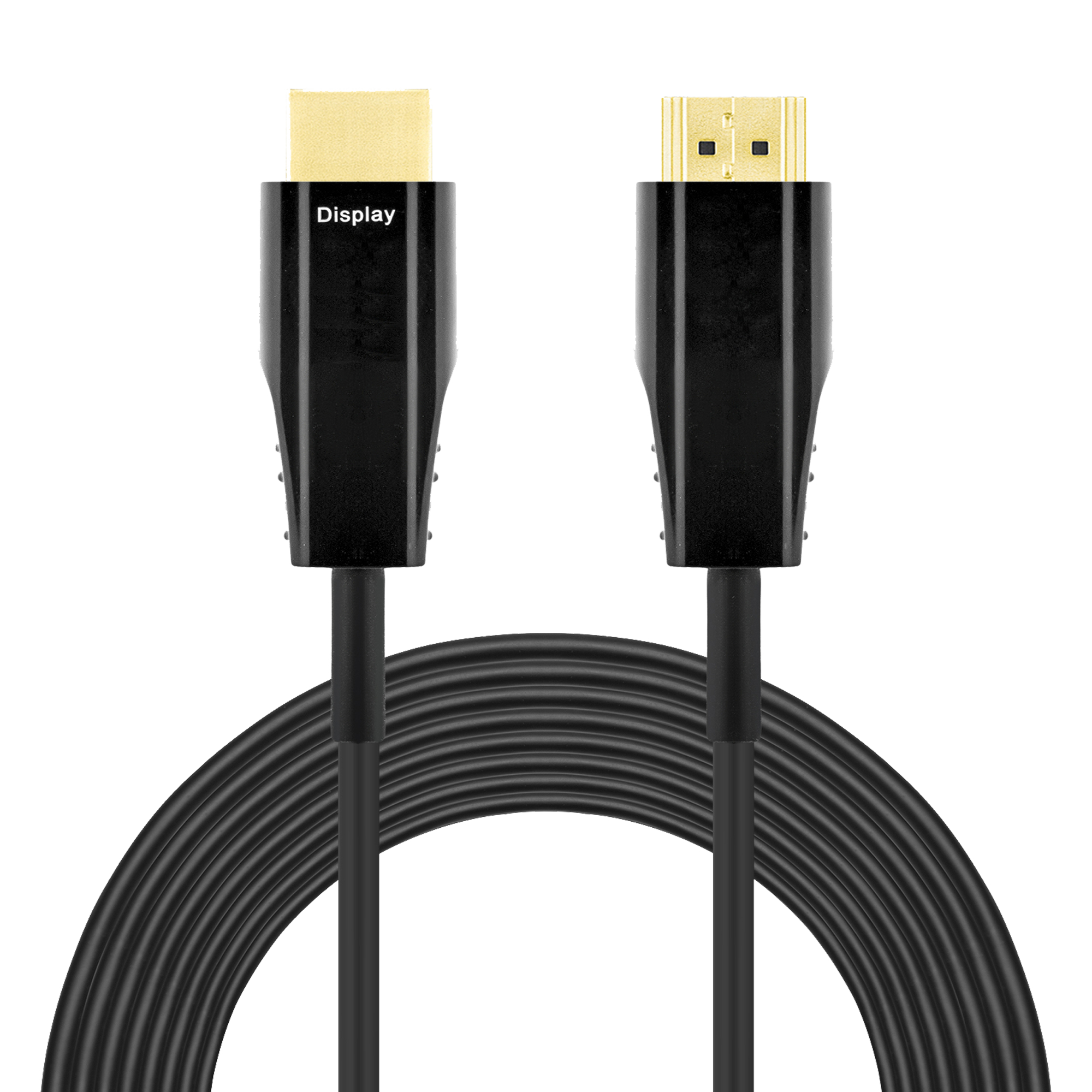 Twee zwarte HDMI-kabels met gouden connectoren tegen een witte achtergrond.