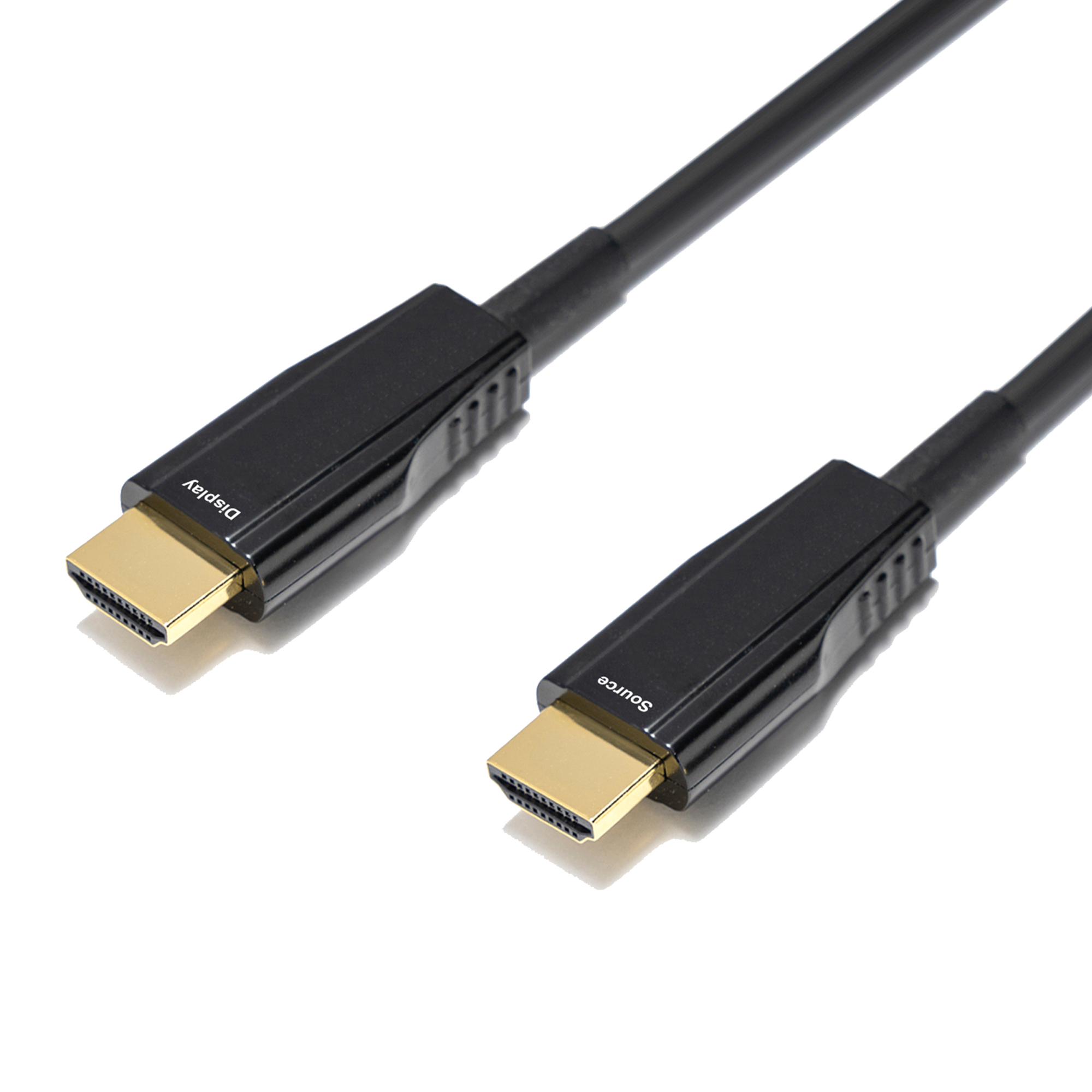 Twee HDMI-kabels, zwart met gouden connectoren. Eén kabel met 'Display', de andere 'Source'.