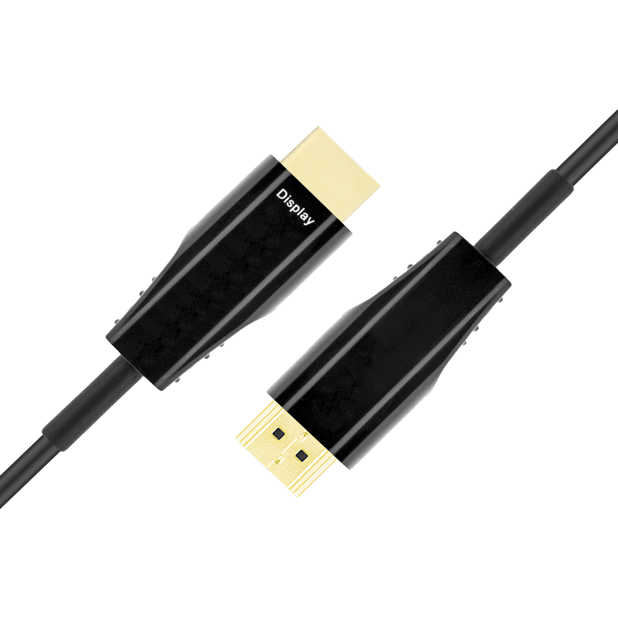 Een zwarte HDMI-kabel met gouden connectoren. Het woord Display is zichtbaar.