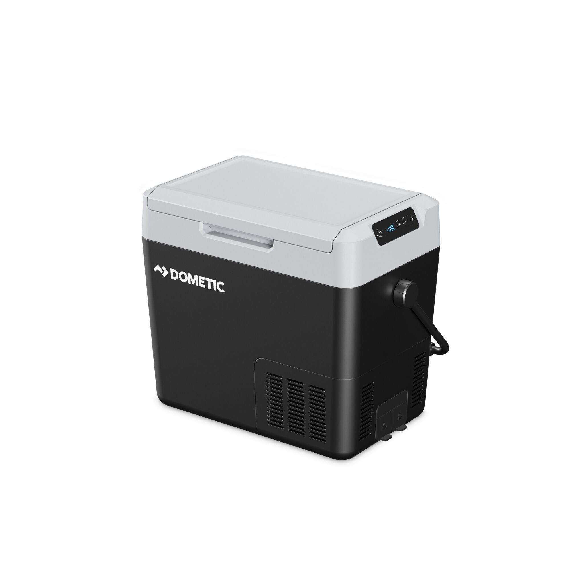 Frigorifero Dometic nero e grigio. Ha una maniglia e un display.