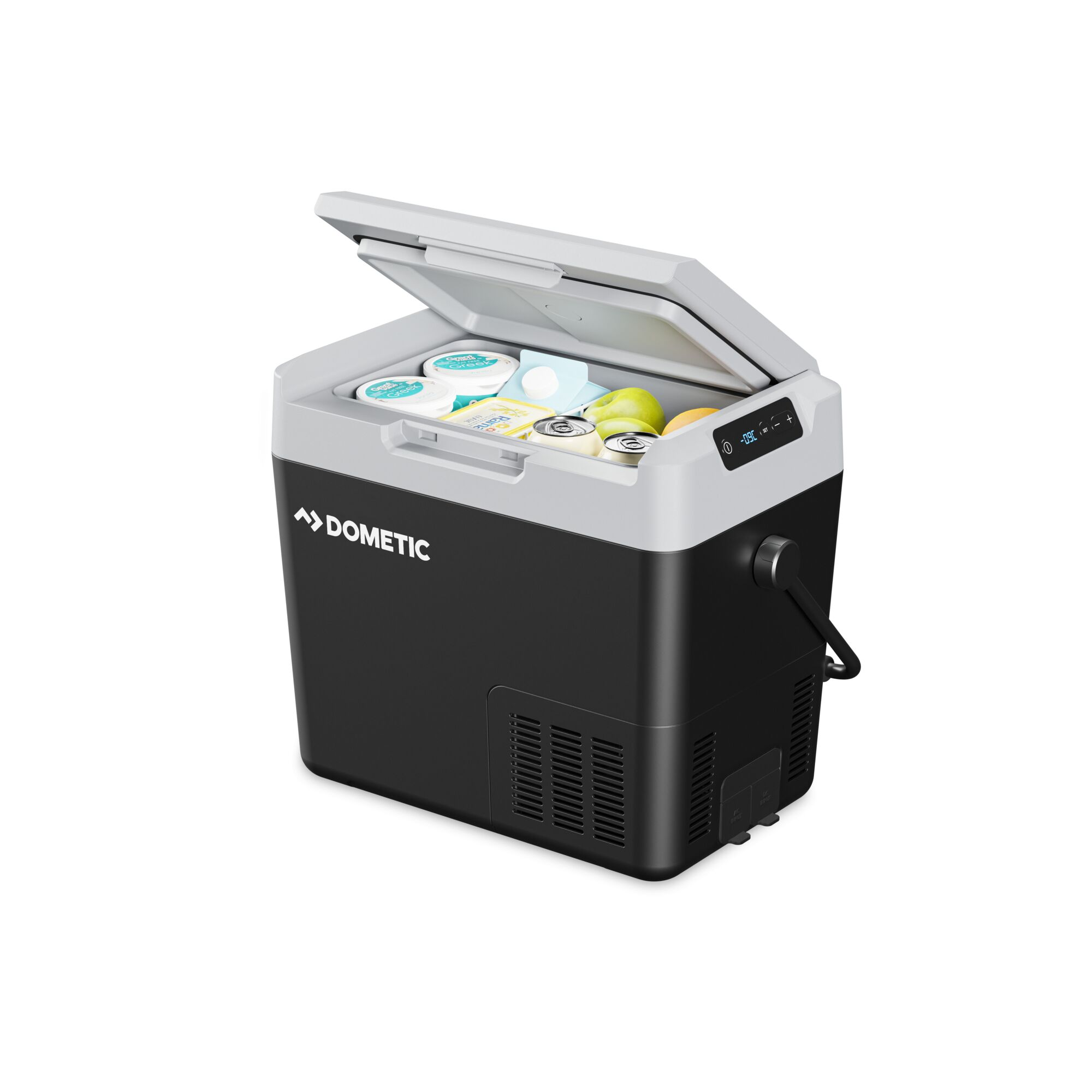 Contenitore termico nero e grigio. Contenitore termico aperto con cibo all'interno. Sfondo bianco. Logo Dometic sul contenitore.